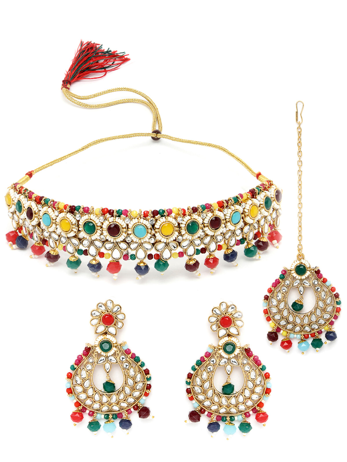 Sukkhi Delightful Round Shaped Gold Plated Multi Kundan & Beads Choker Necklace Set With Earring And Maangtika | Jewellery Set For Women (NS105595)