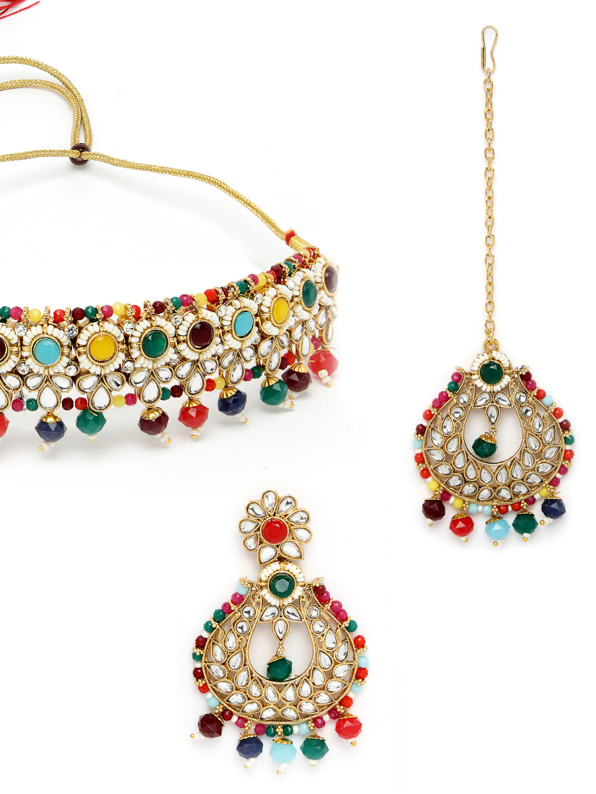 Sukkhi Delightful Round Shaped Gold Plated Multi Kundan & Beads Choker Necklace Set With Earring And Maangtika | Jewellery Set For Women (NS105595)