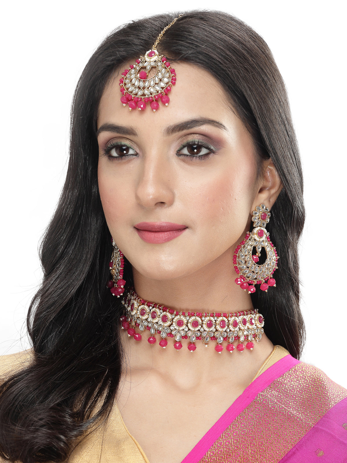 Sukkhi Delightful Round Shaped Gold Plated Rani Pink Kundan & Beads Choker Necklace Set With Earring And Maangtika | Jewellery Set For Women (NS105596)