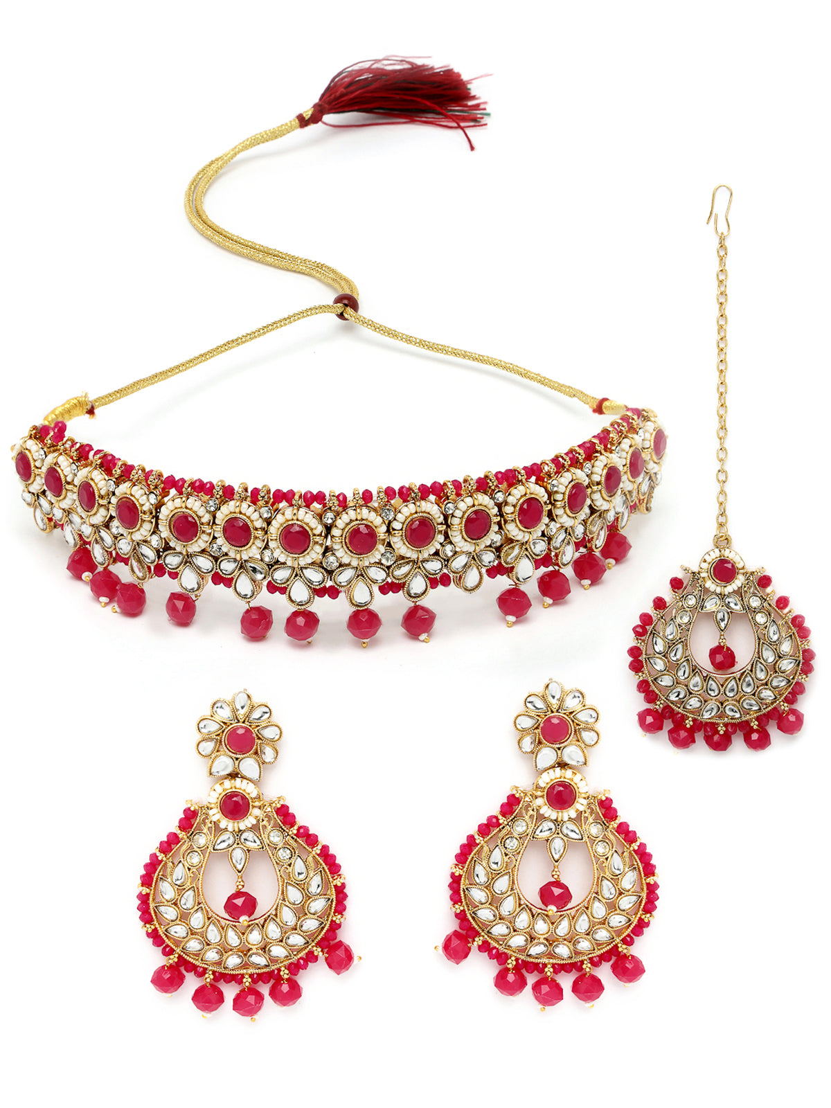 Sukkhi Delightful Round Shaped Gold Plated Rani Pink Kundan & Beads Choker Necklace Set With Earring And Maangtika | Jewellery Set For Women (NS105596)