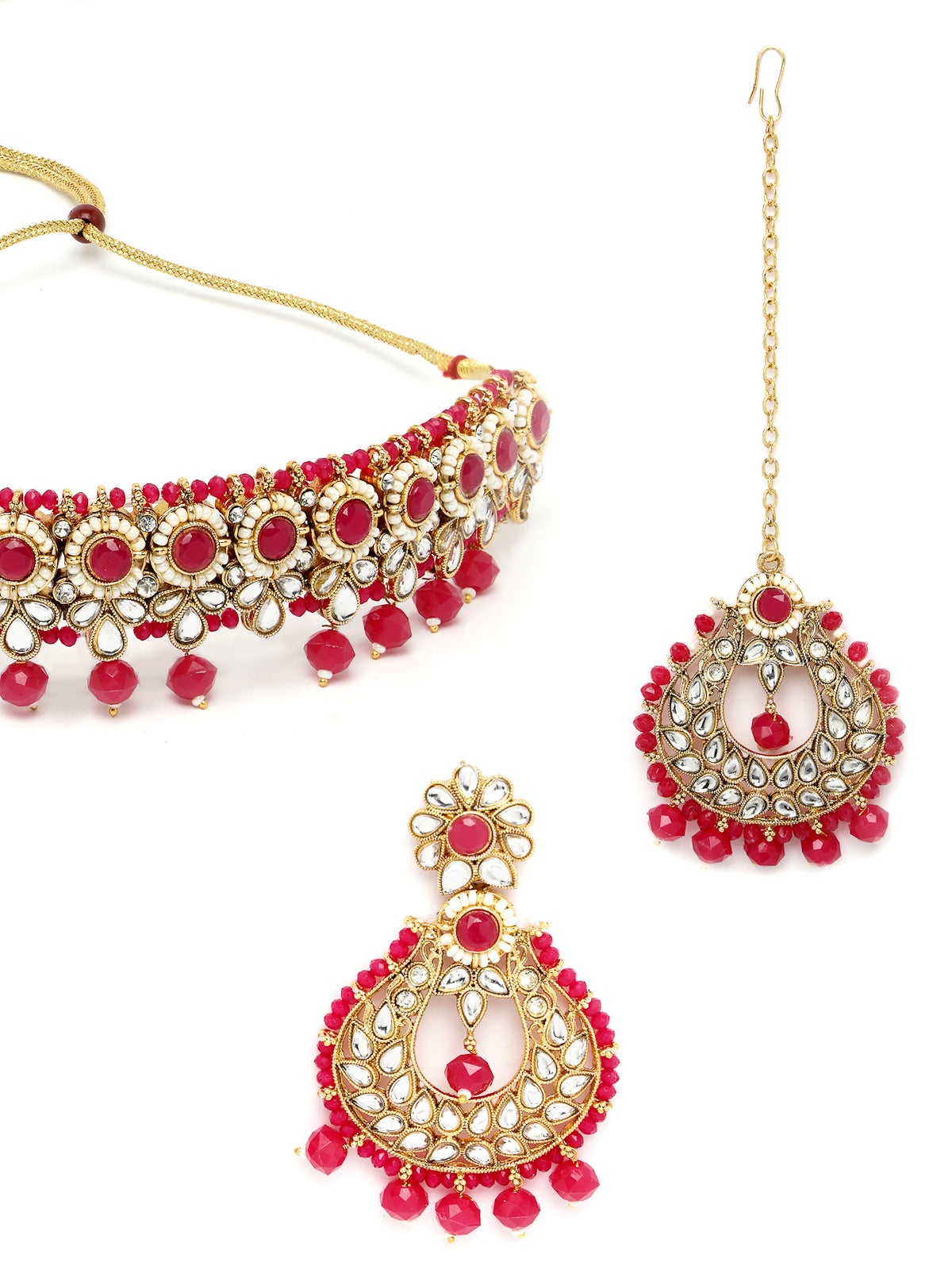 Sukkhi Delightful Round Shaped Gold Plated Rani Pink Kundan & Beads Choker Necklace Set With Earring And Maangtika | Jewellery Set For Women (NS105596)