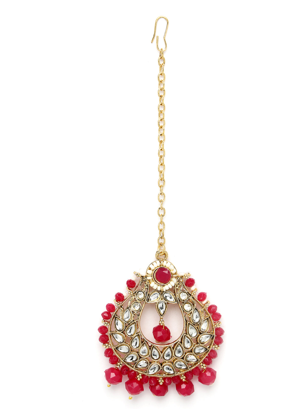 Sukkhi Delightful Round Shaped Gold Plated Rani Pink Kundan & Beads Choker Necklace Set With Earring And Maangtika | Jewellery Set For Women (NS105596)