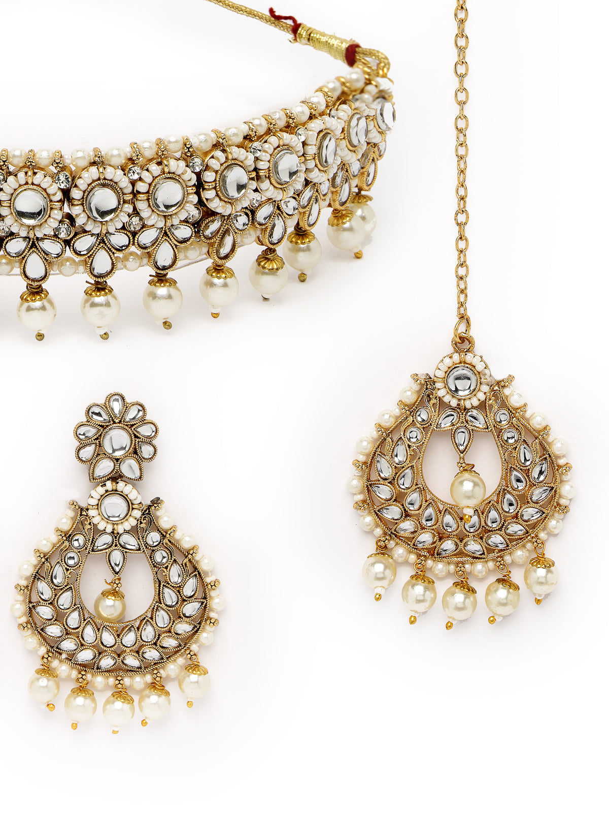 Sukkhi Delightful Round Shaped Gold Plated White Kundan & Beads Choker Necklace Set With Earring And Maangtika | Jewellery Set For Women (NS105597)