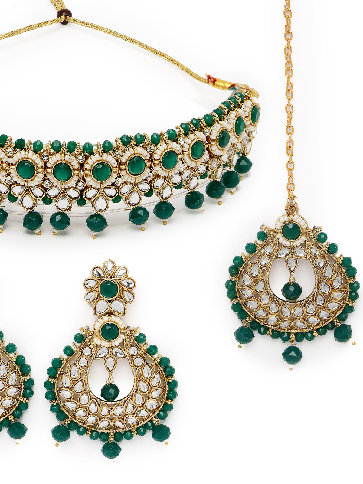 Sukkhi Delightful Round Shaped Gold Plated Green Kundan & Beads Choker Necklace Set With Earring And Maangtika | Jewellery Set For Women (NS105598)