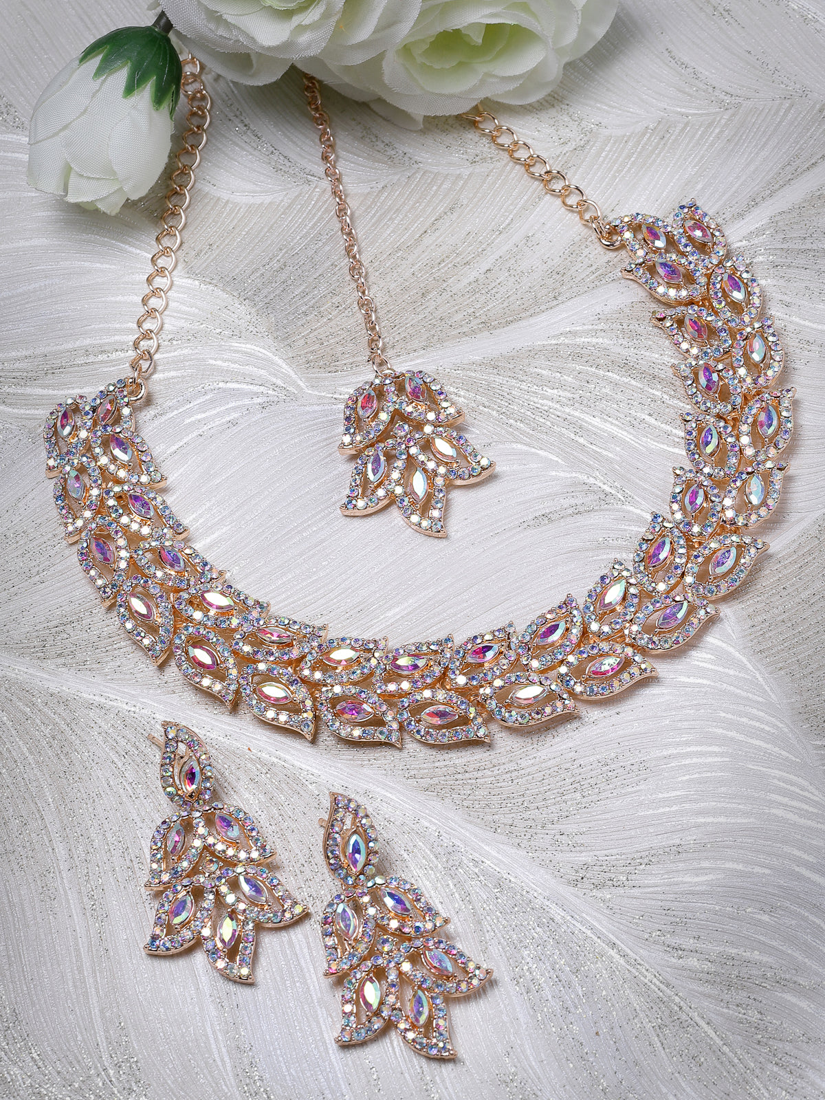 Sukkhi Street-Style Rose Gold Plated Rainbow Stone Collar Bone Necklace Set With Earring And Maangtika | Jewellery Set For Women (NS105599)