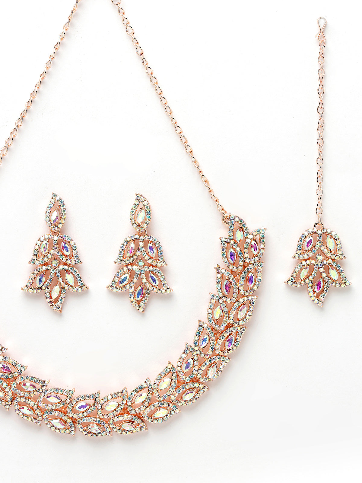 Sukkhi Street-Style Rose Gold Plated Rainbow Stone Collar Bone Necklace Set With Earring And Maangtika | Jewellery Set For Women (NS105599)