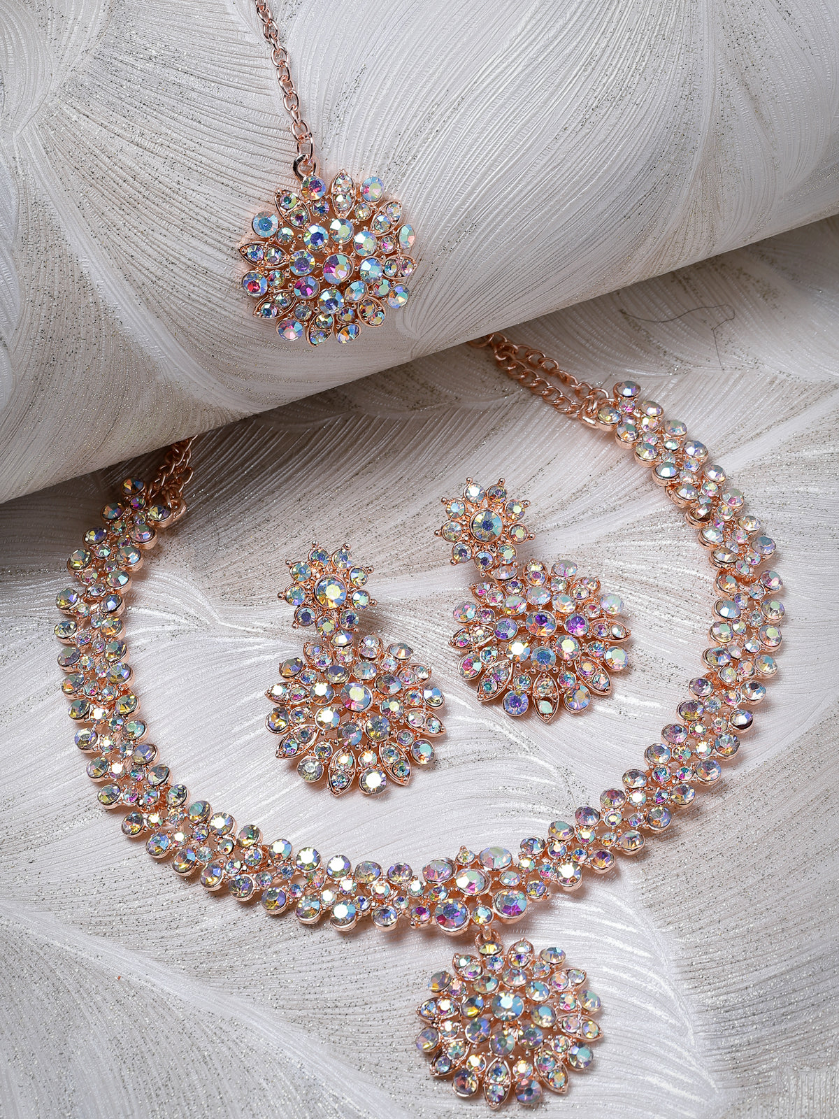 Sukkhi Delightly Rose Gold Plated Rainbow Stone Collar Bone Necklace Set With Earring And Maangtika | Jewellery Set For Women (NS105600)