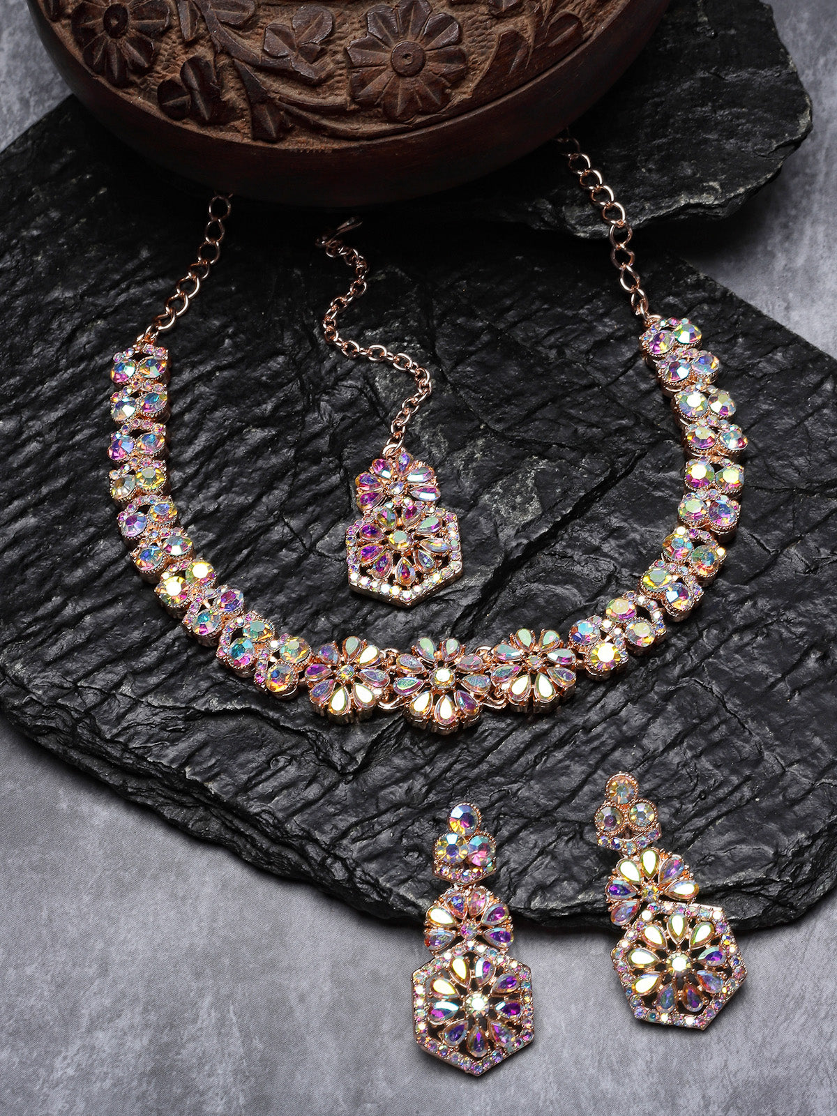Sukkhi Fusion Rose Gold Plated Rose Rainbow Stone Collar Bone Necklace Set With Earring And Maangtika | Jewellery Set For Women (NS105601)