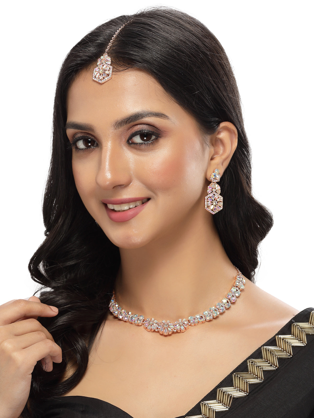 Sukkhi Fusion Rose Gold Plated Rose Rainbow Stone Collar Bone Necklace Set With Earring And Maangtika | Jewellery Set For Women (NS105601)