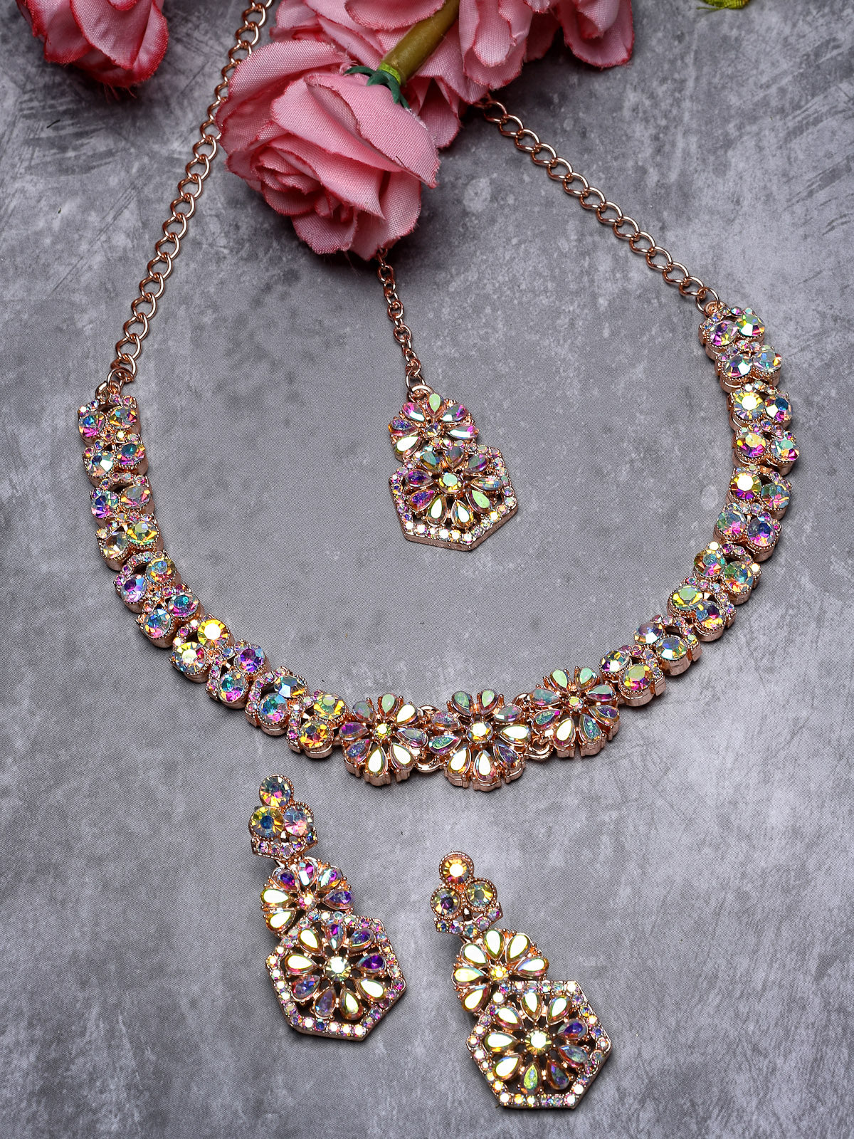 Sukkhi Fusion Rose Gold Plated Rose Rainbow Stone Collar Bone Necklace Set With Earring And Maangtika | Jewellery Set For Women (NS105601)