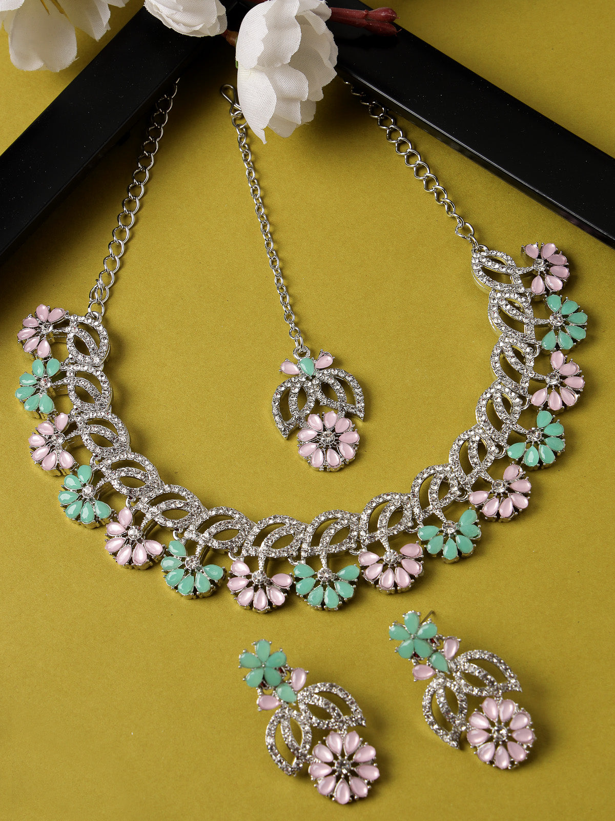 Sukkhi Bridal Rhodium Plated AD White Stones Floral Collar Bone Necklace Set With Earring And Maangtika | Jewellery Set For Women (NS105602)