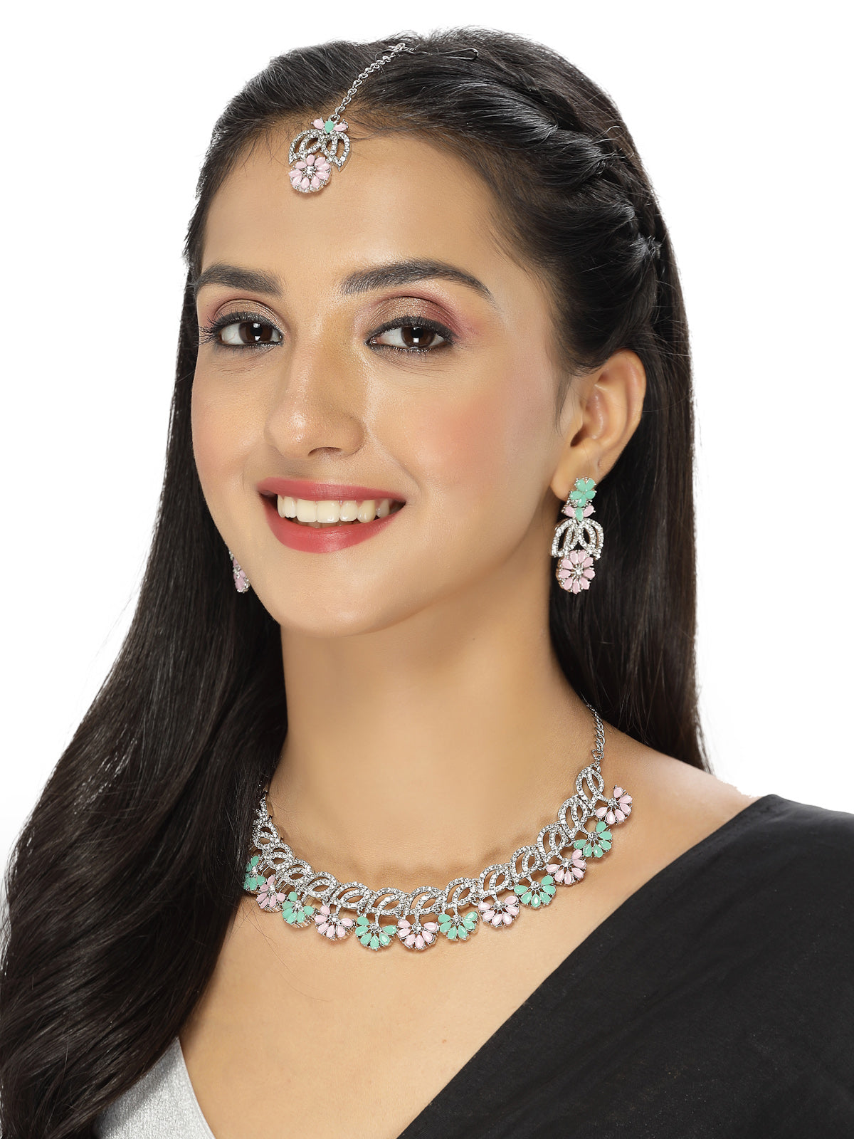 Sukkhi Bridal Rhodium Plated AD White Stones Floral Collar Bone Necklace Set With Earring And Maangtika | Jewellery Set For Women (NS105602)