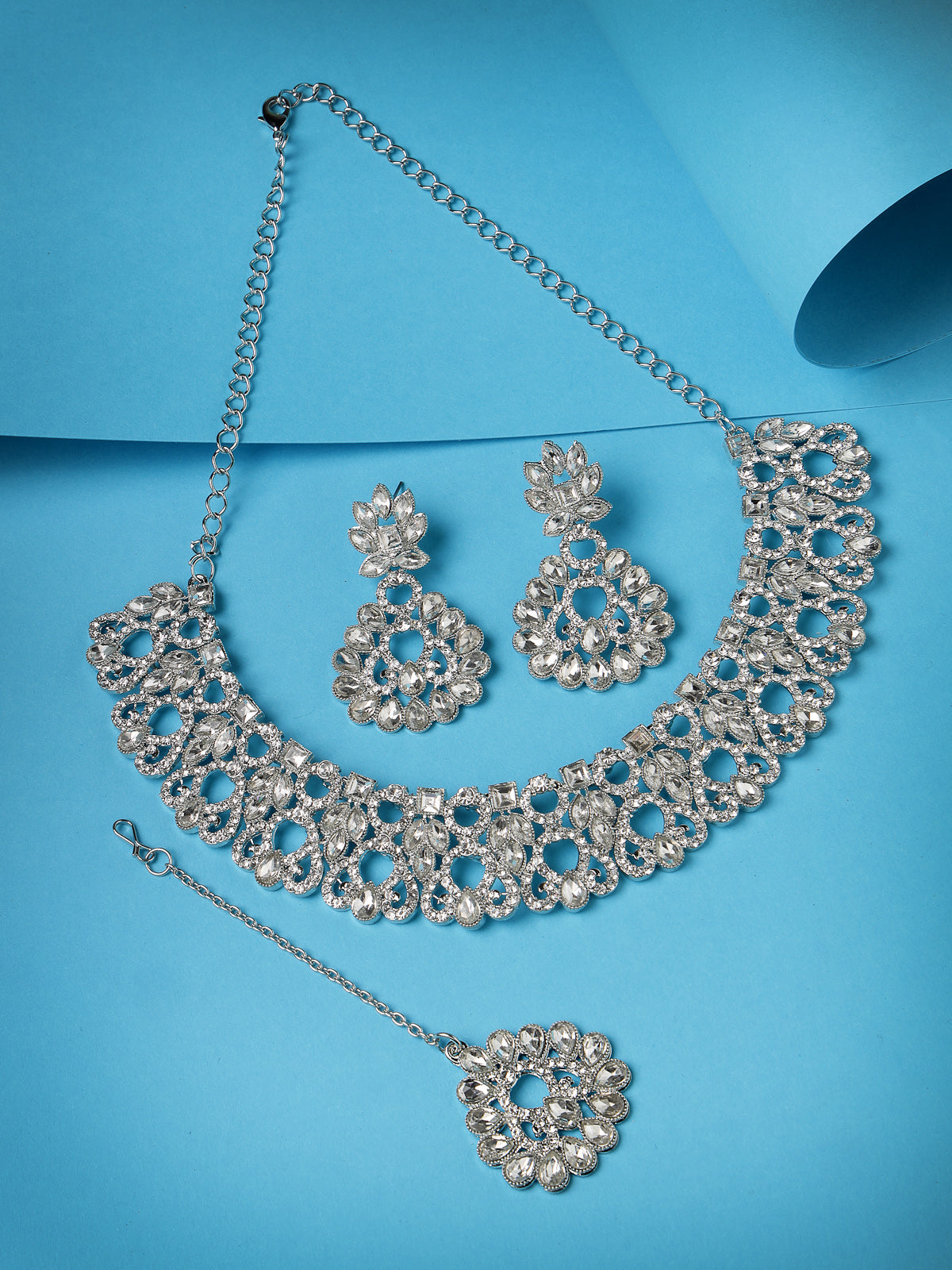 Sukkhi Exotic Rhodium Plated Silver AD White Stones Collar Bone Necklace Set With Earring And Maangtika | Jewellery Set For Women (NS105603)