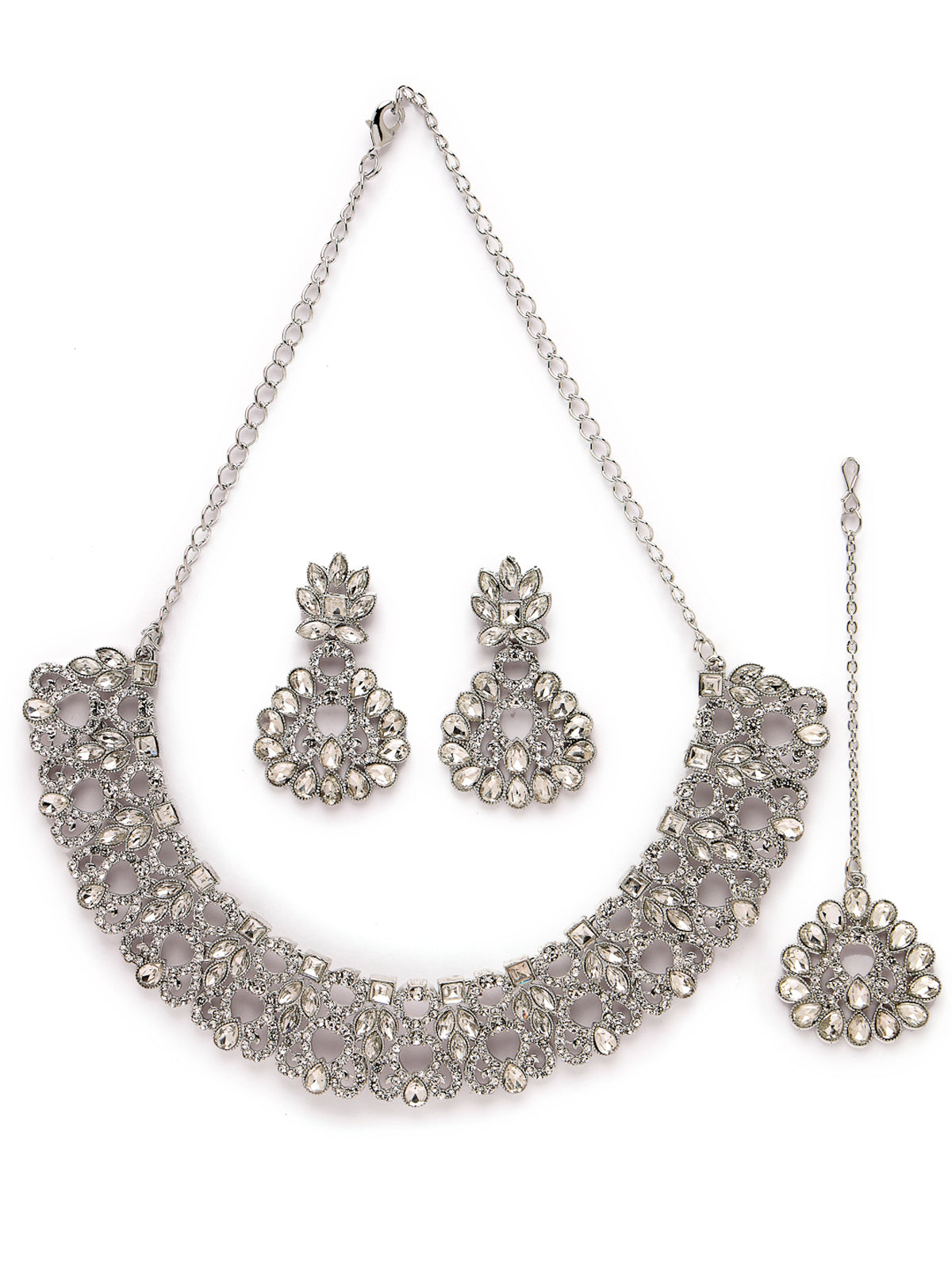 Sukkhi Exotic Rhodium Plated Silver AD White Stones Collar Bone Necklace Set With Earring And Maangtika | Jewellery Set For Women (NS105603)