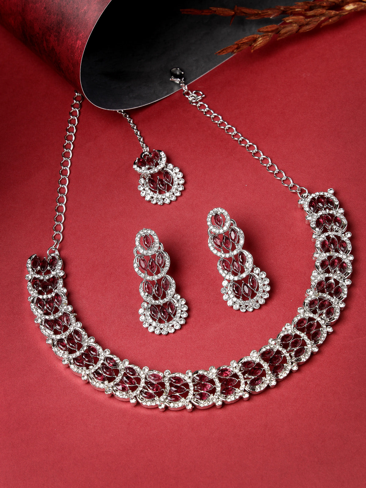 Sukkhi Beguiling Rhodium Plated AD Maroon Stone Collar Bone Necklace Set With Earring And Maangtika | Jewellery Set For Women (NS105604)