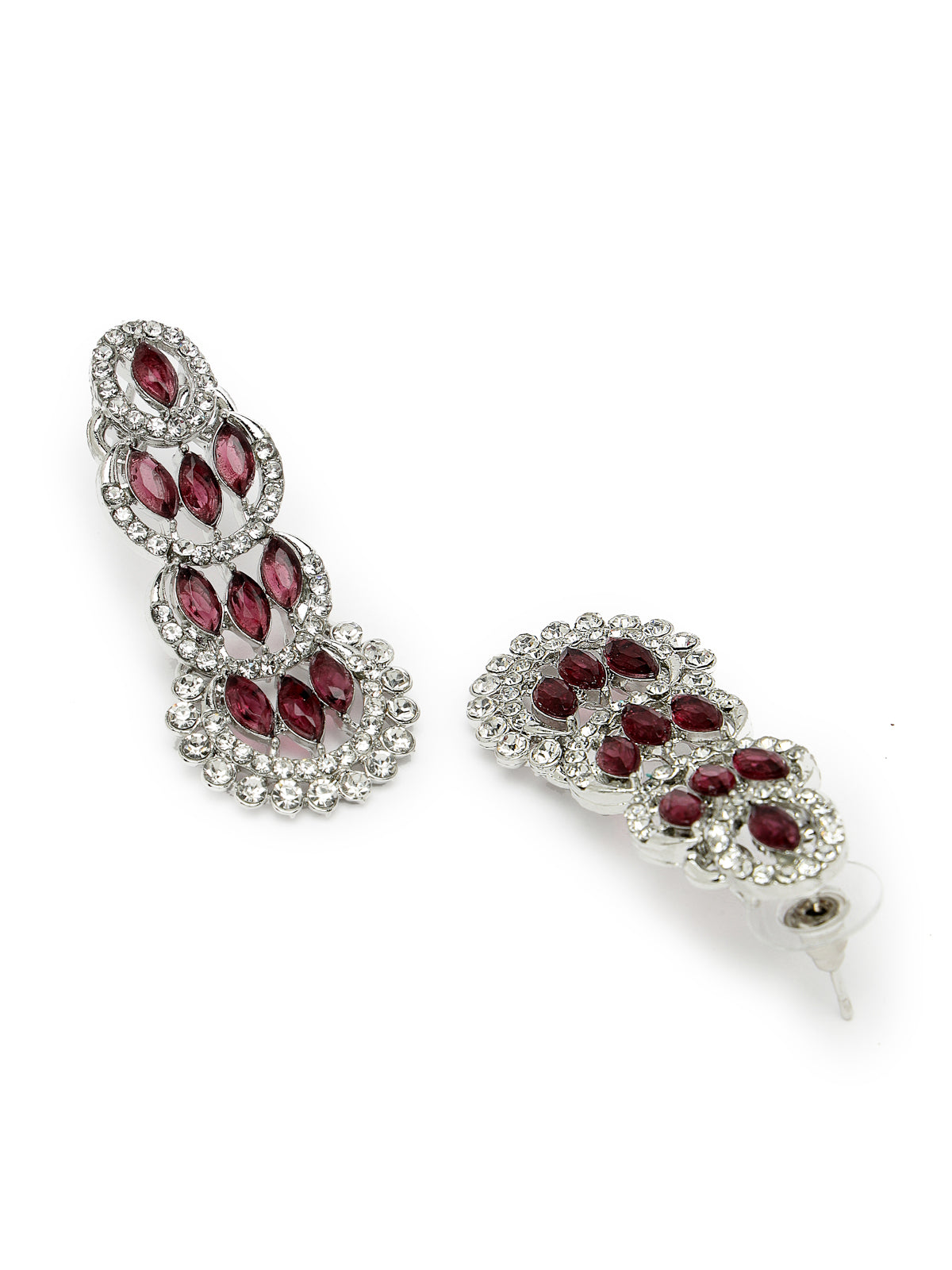Sukkhi Beguiling Rhodium Plated AD Maroon Stone Collar Bone Necklace Set With Earring And Maangtika | Jewellery Set For Women (NS105604)