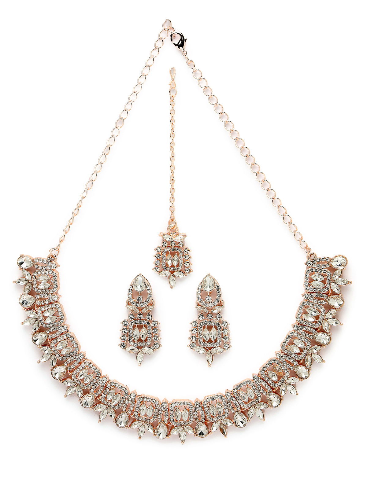 Sukkhi Trendy Gold Plated Rose Gold AD White Stone Collar Bone Necklace Set With Earring And Maangtika | Jewellery Set For Women (NS105605)