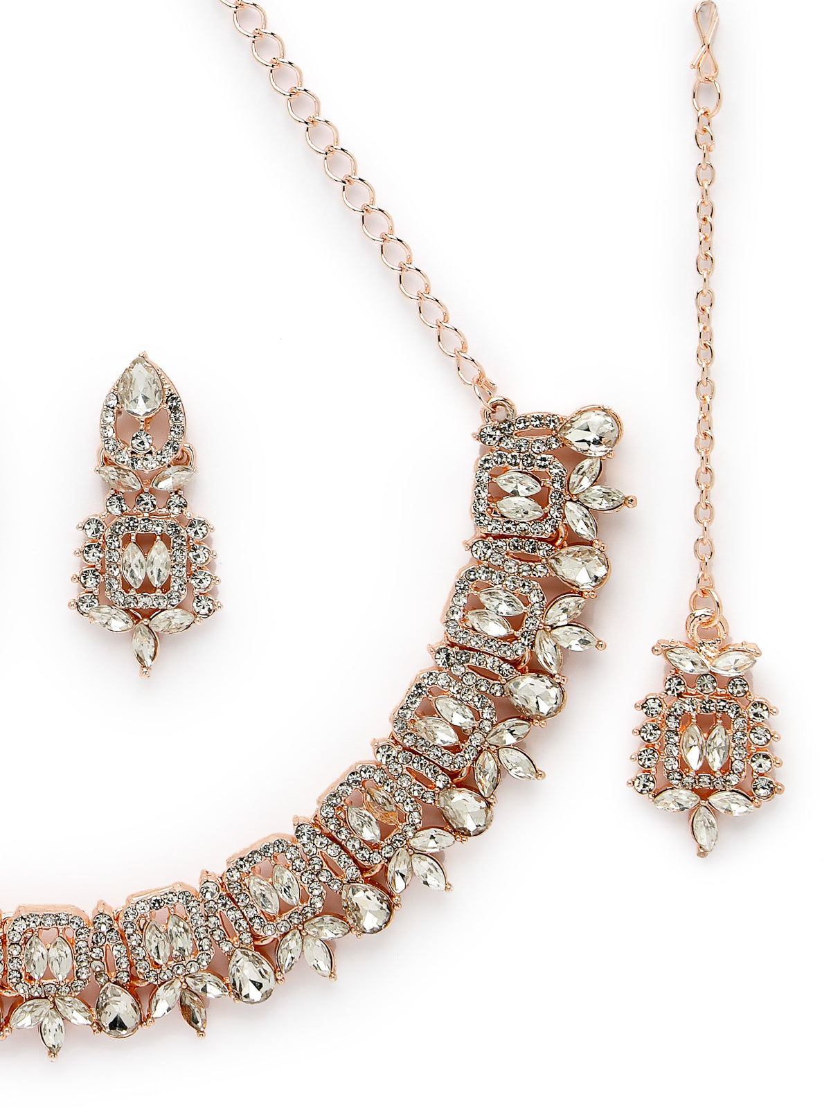 Sukkhi Trendy Gold Plated Rose Gold AD White Stone Collar Bone Necklace Set With Earring And Maangtika | Jewellery Set For Women (NS105605)