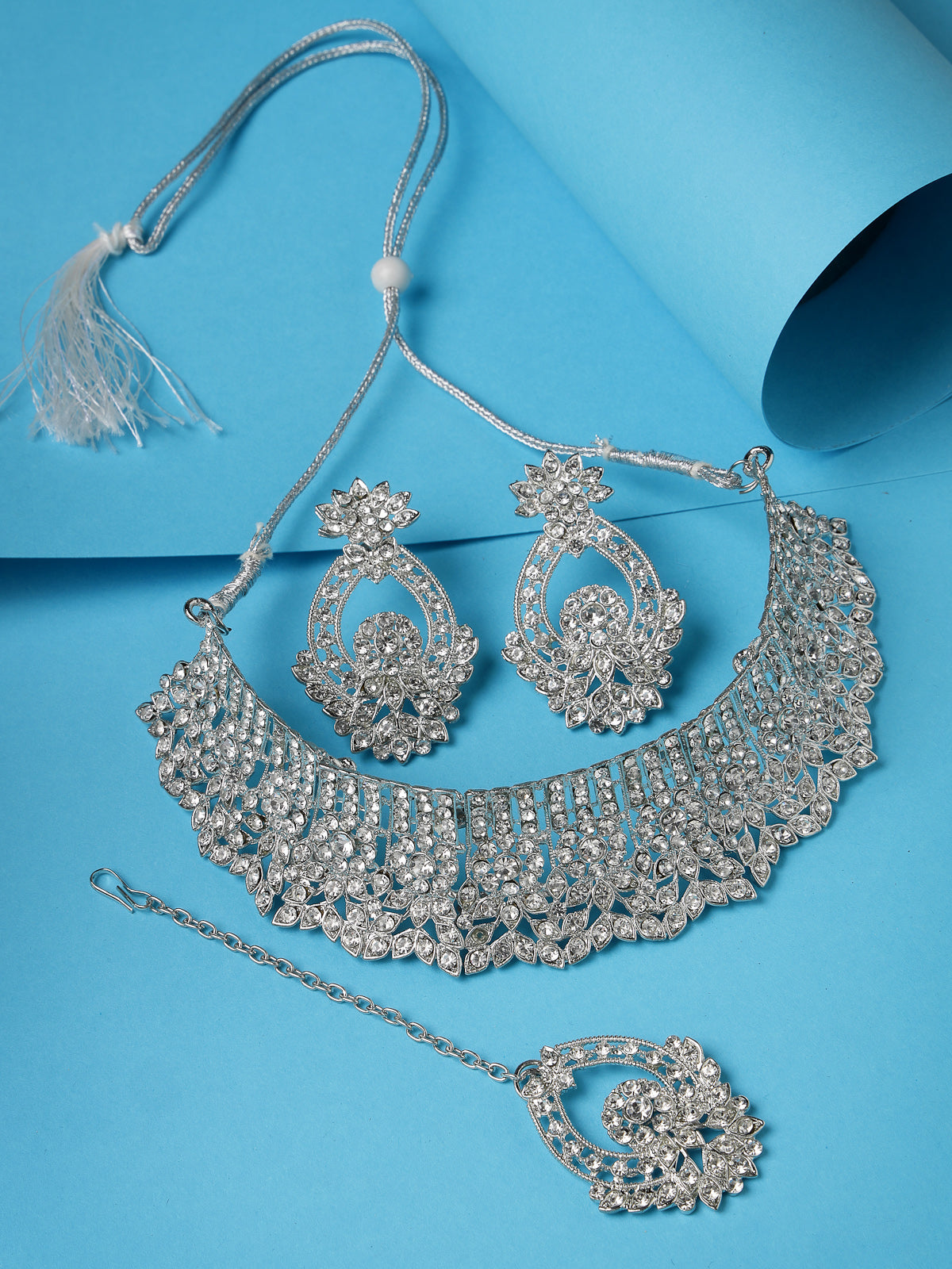 Sukkhi Unique Fashionable Rhodium Plated Silver AD Stone Choker Necklace Set With Earring And Maangtika | Jewellery Set For Women (NS105606)