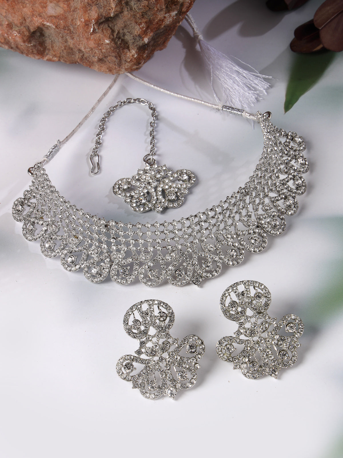 Sukkhi Stylish Shiny Rhodium Plated Silver AD Stones Choker Necklace Set With Earring And Maangtika | Jewellery Set For Women (NS105607)