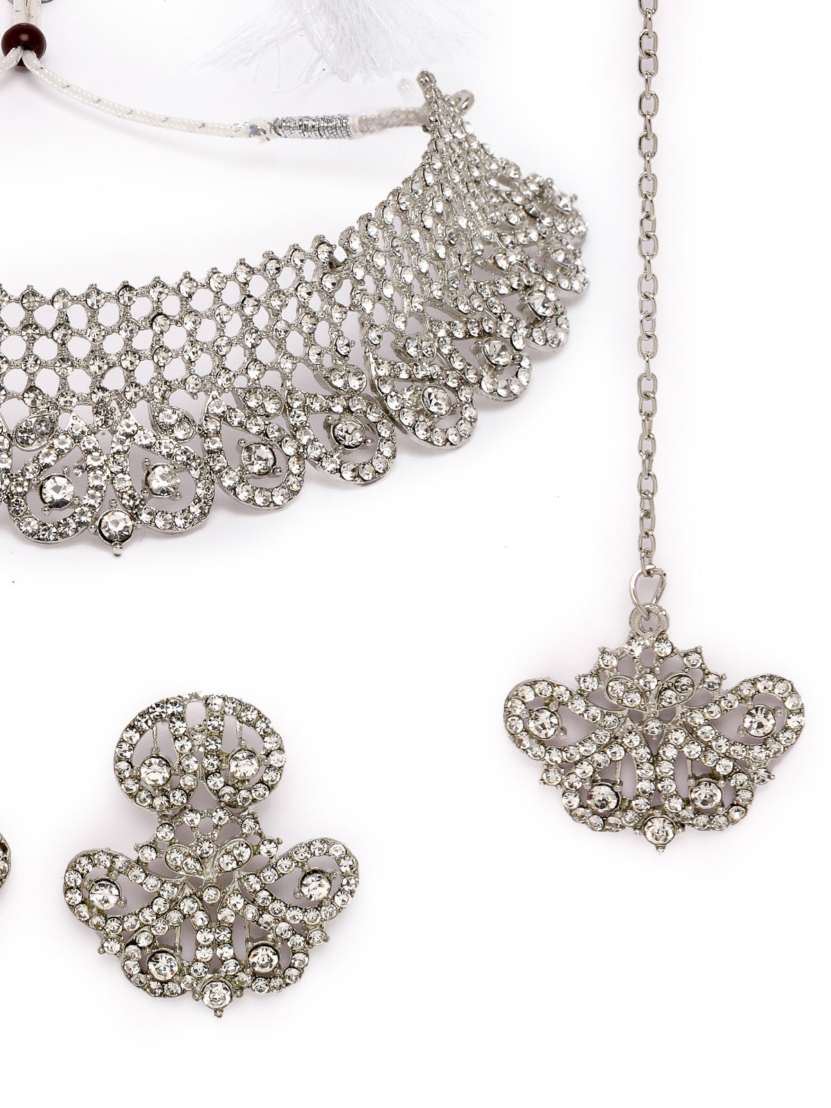 Sukkhi Stylish Shiny Rhodium Plated Silver AD Stones Choker Necklace Set With Earring And Maangtika | Jewellery Set For Women (NS105607)