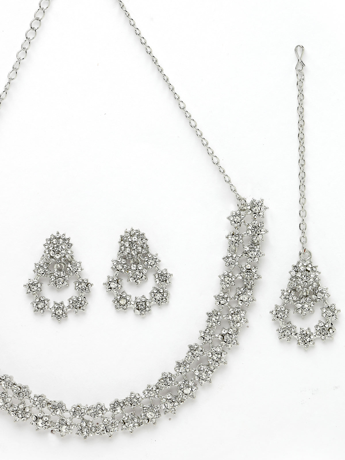 Sukkhi Gorgeous Rhodium Plated Silver AD White Stones Floral Collar Bone Necklace Set With Earring And Maangtika | Jewellery Set For Women (NS105609)