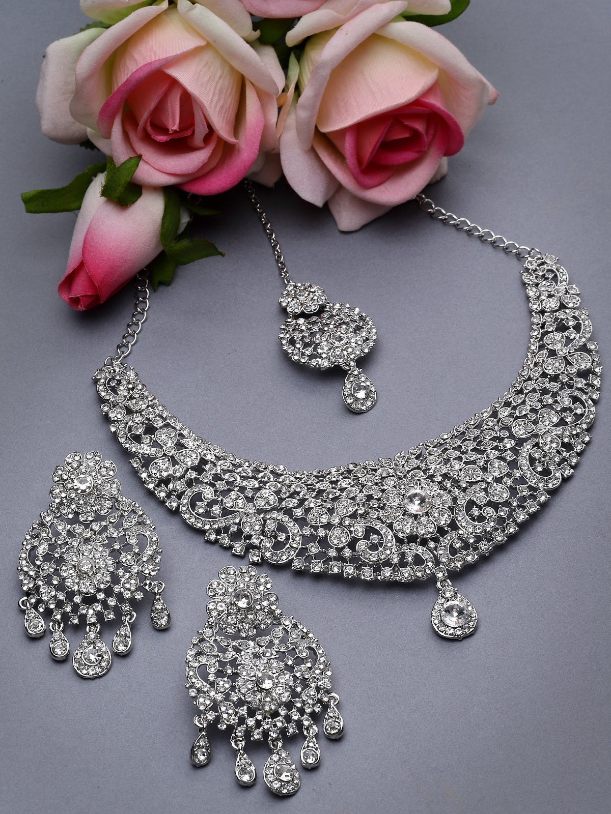 Sukkhi Iconic Rhodium Plated Silver AD White Stones Floral Collar Bone Necklace Set With Earring And Maangtika | Jewellery Set For Women (NS105610)