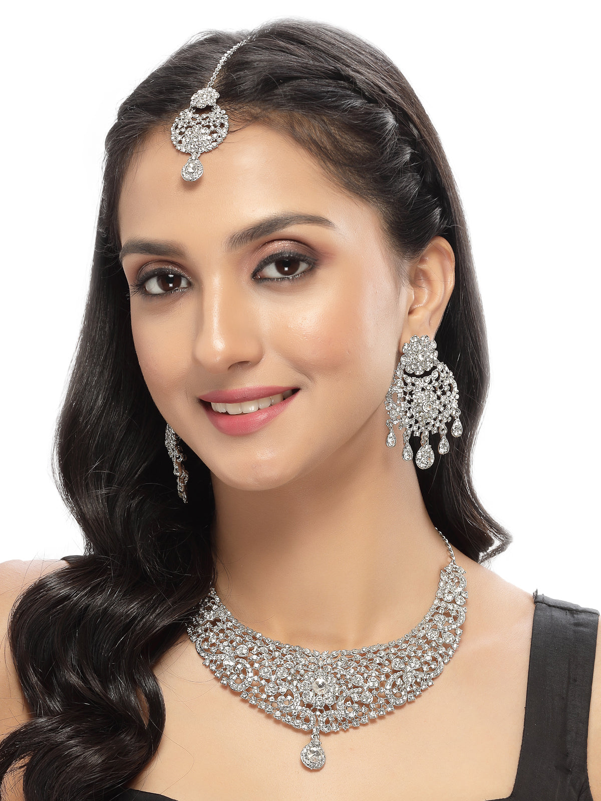 Sukkhi Iconic Rhodium Plated Silver AD White Stones Floral Collar Bone Necklace Set With Earring And Maangtika | Jewellery Set For Women (NS105610)