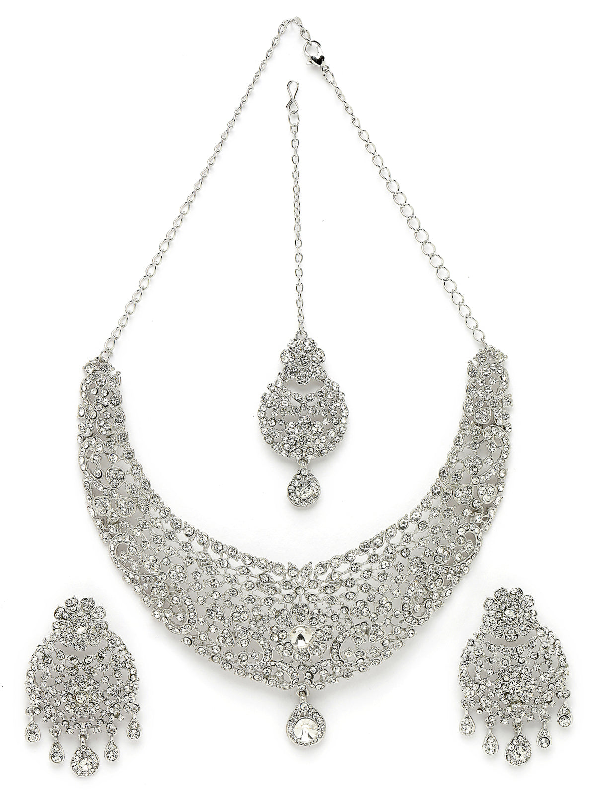 Sukkhi Iconic Rhodium Plated Silver AD White Stones Floral Collar Bone Necklace Set With Earring And Maangtika | Jewellery Set For Women (NS105610)