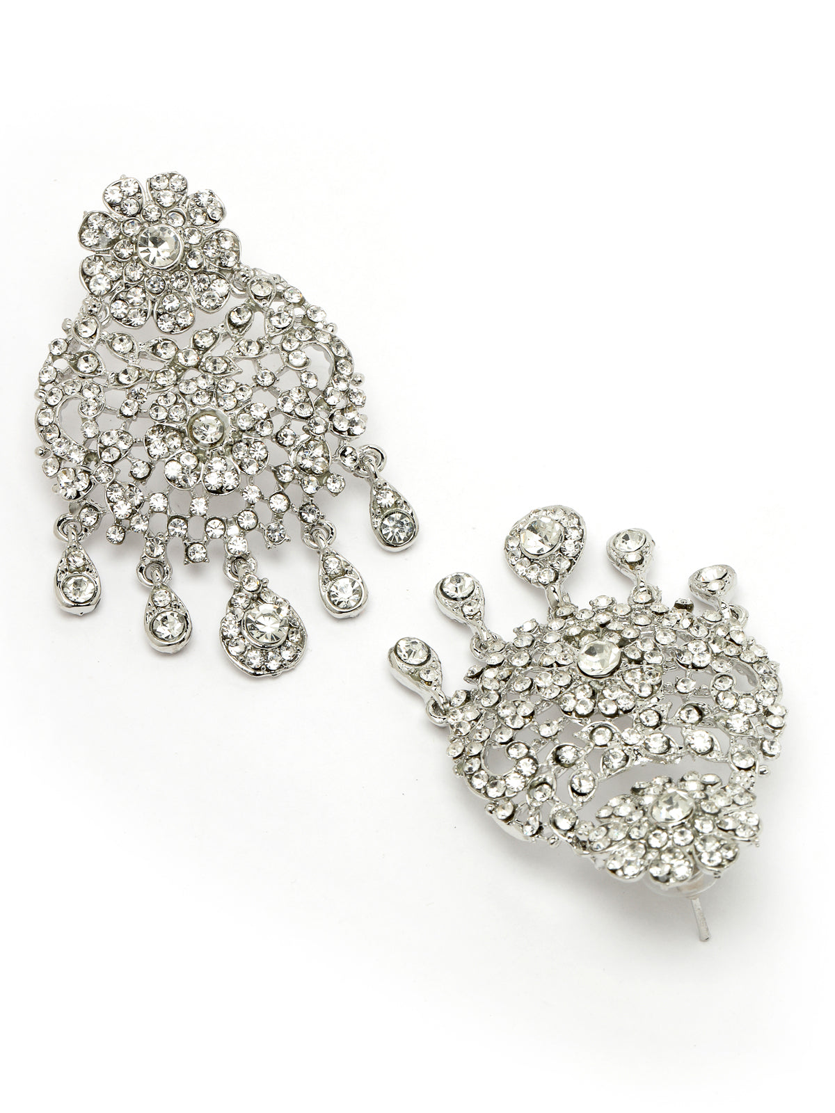 Sukkhi Iconic Rhodium Plated Silver AD White Stones Floral Collar Bone Necklace Set With Earring And Maangtika | Jewellery Set For Women (NS105610)