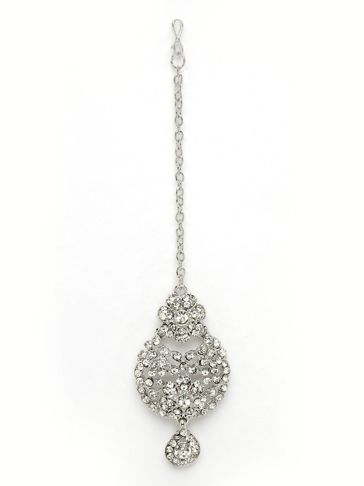 Sukkhi Iconic Rhodium Plated Silver AD White Stones Floral Collar Bone Necklace Set With Earring And Maangtika | Jewellery Set For Women (NS105610)