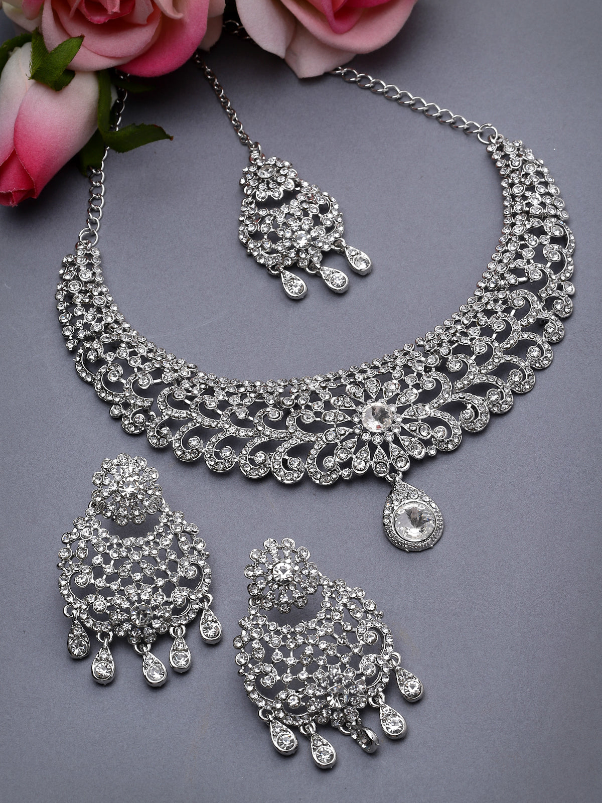 Sukkhi Desirable Rhodium Plated Silver AD White Stones Floral Silver Necklace Set With Earring And Maangtika | Jewellery Set For Women (NS105611)