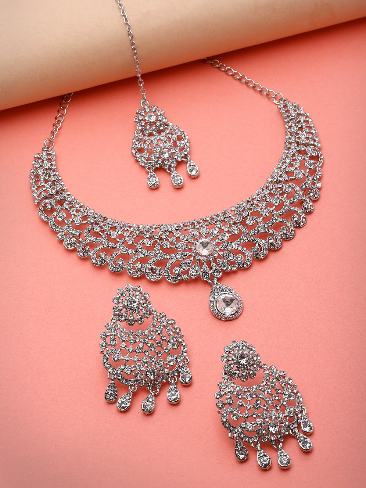 Sukkhi Desirable Rhodium Plated Silver AD White Stones Floral Silver Necklace Set With Earring And Maangtika | Jewellery Set For Women (NS105611)