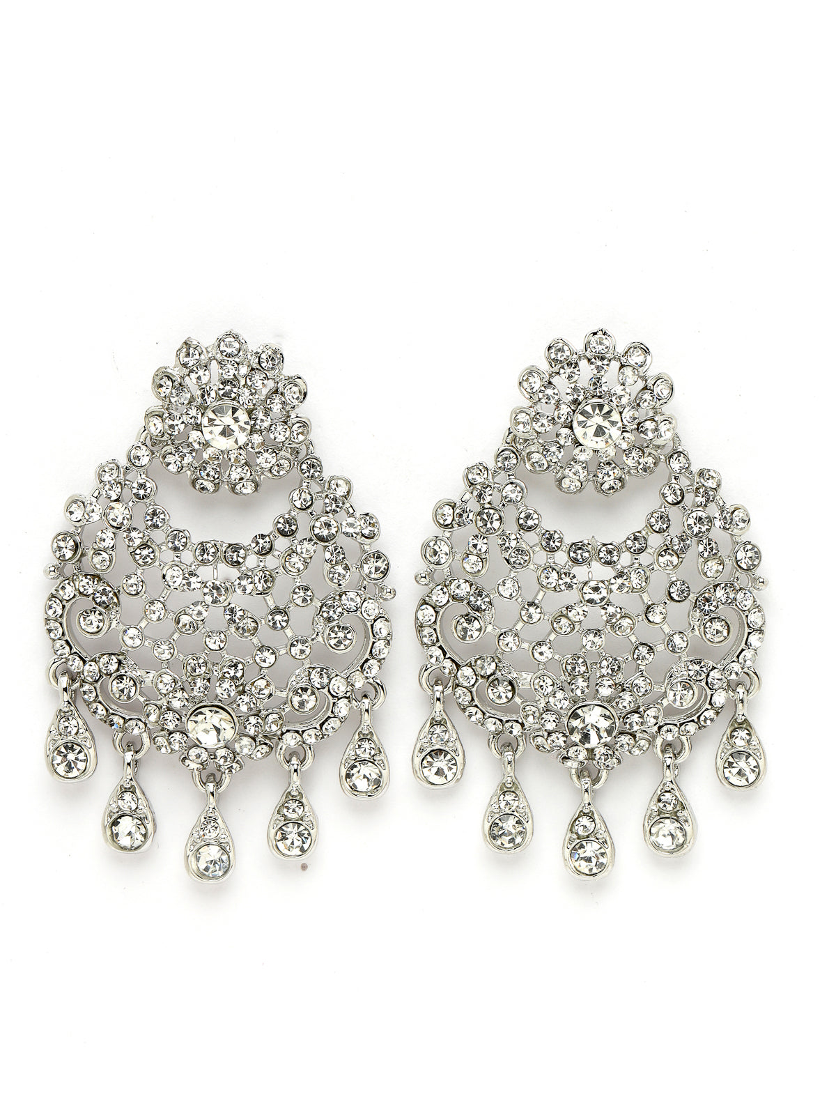 Sukkhi Desirable Rhodium Plated Silver AD White Stones Floral Silver Necklace Set With Earring And Maangtika | Jewellery Set For Women (NS105611)