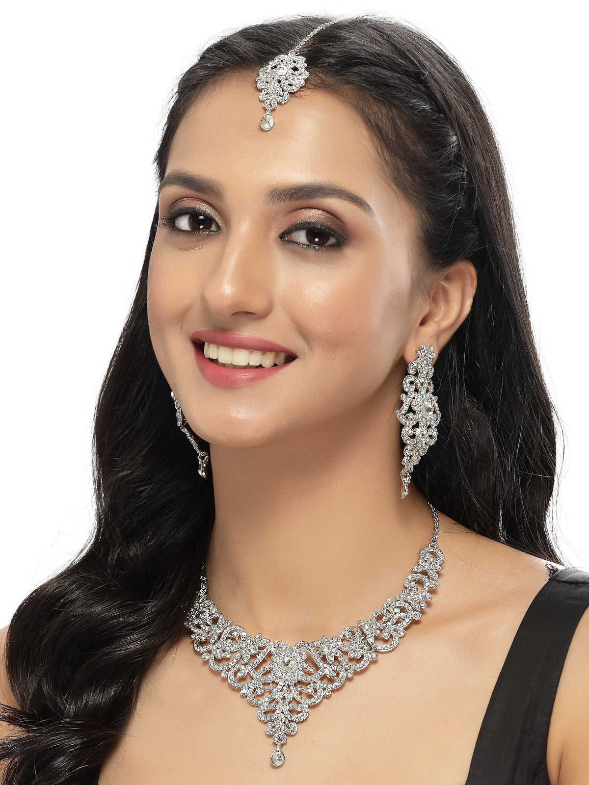 Sukkhi High-Fashion Rhodium Plated Silver AD White Stones Floral Collar Bone Necklace Set With Earring And Maangtika | Jewellery Set For Women (NS105612)