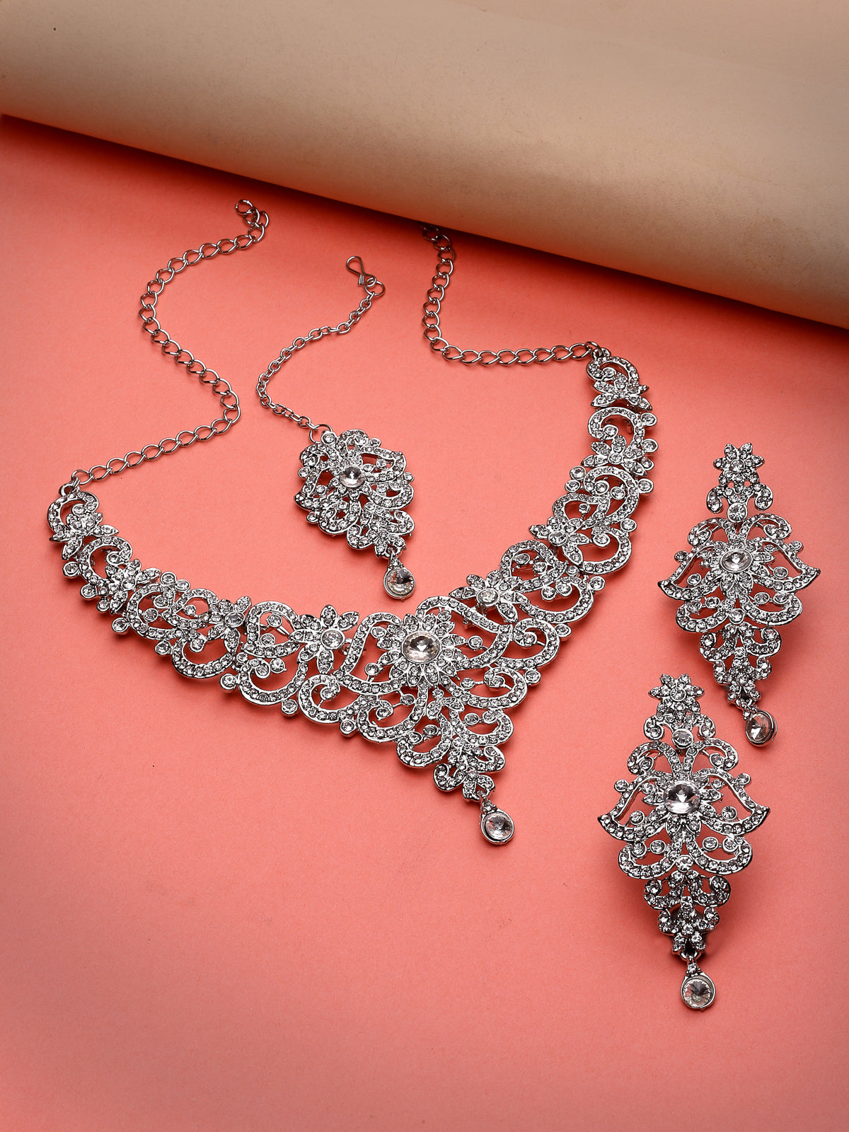 Sukkhi High-Fashion Rhodium Plated Silver AD White Stones Floral Collar Bone Necklace Set With Earring And Maangtika | Jewellery Set For Women (NS105612)