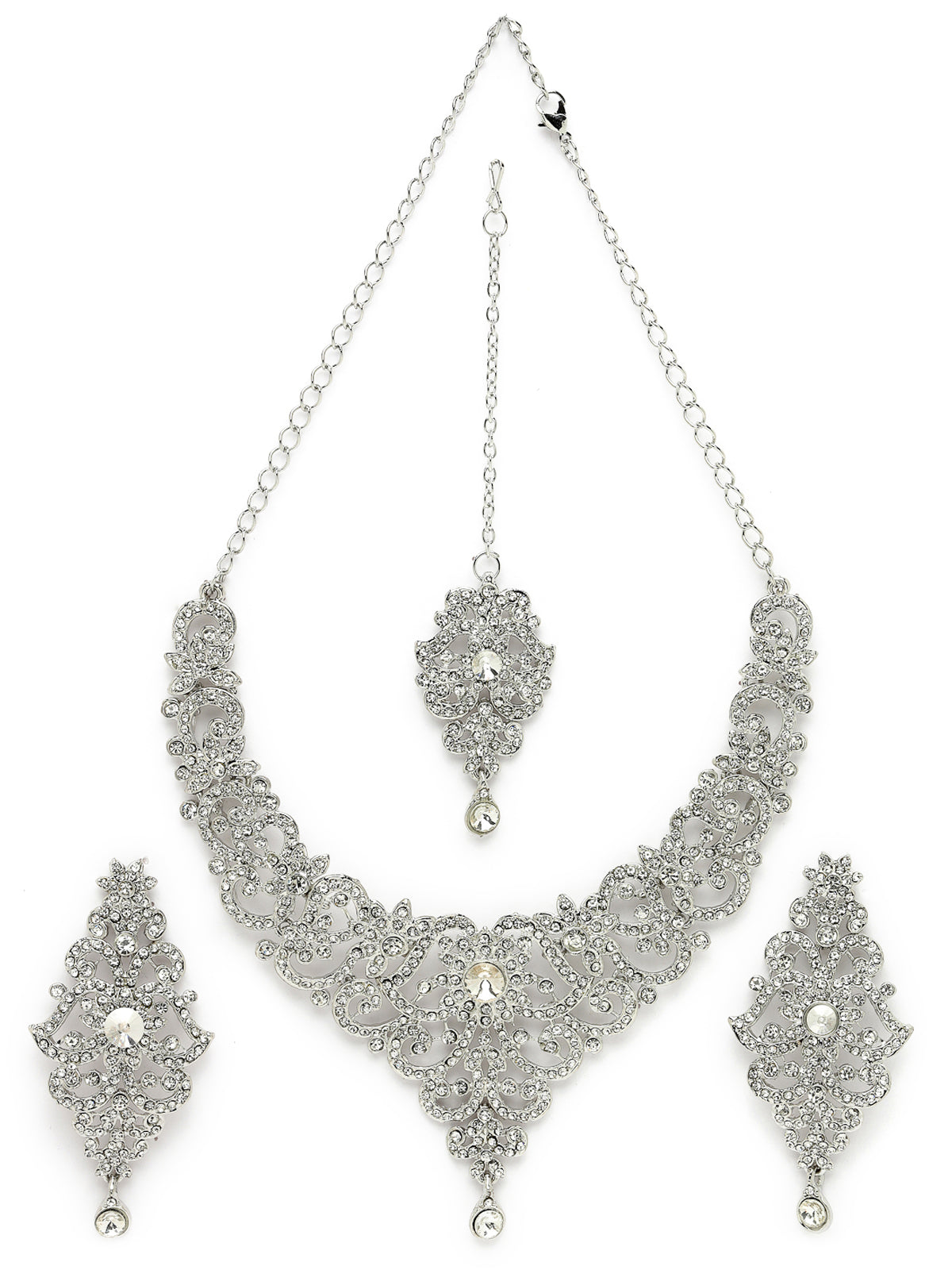 Sukkhi High-Fashion Rhodium Plated Silver AD White Stones Floral Collar Bone Necklace Set With Earring And Maangtika | Jewellery Set For Women (NS105612)
