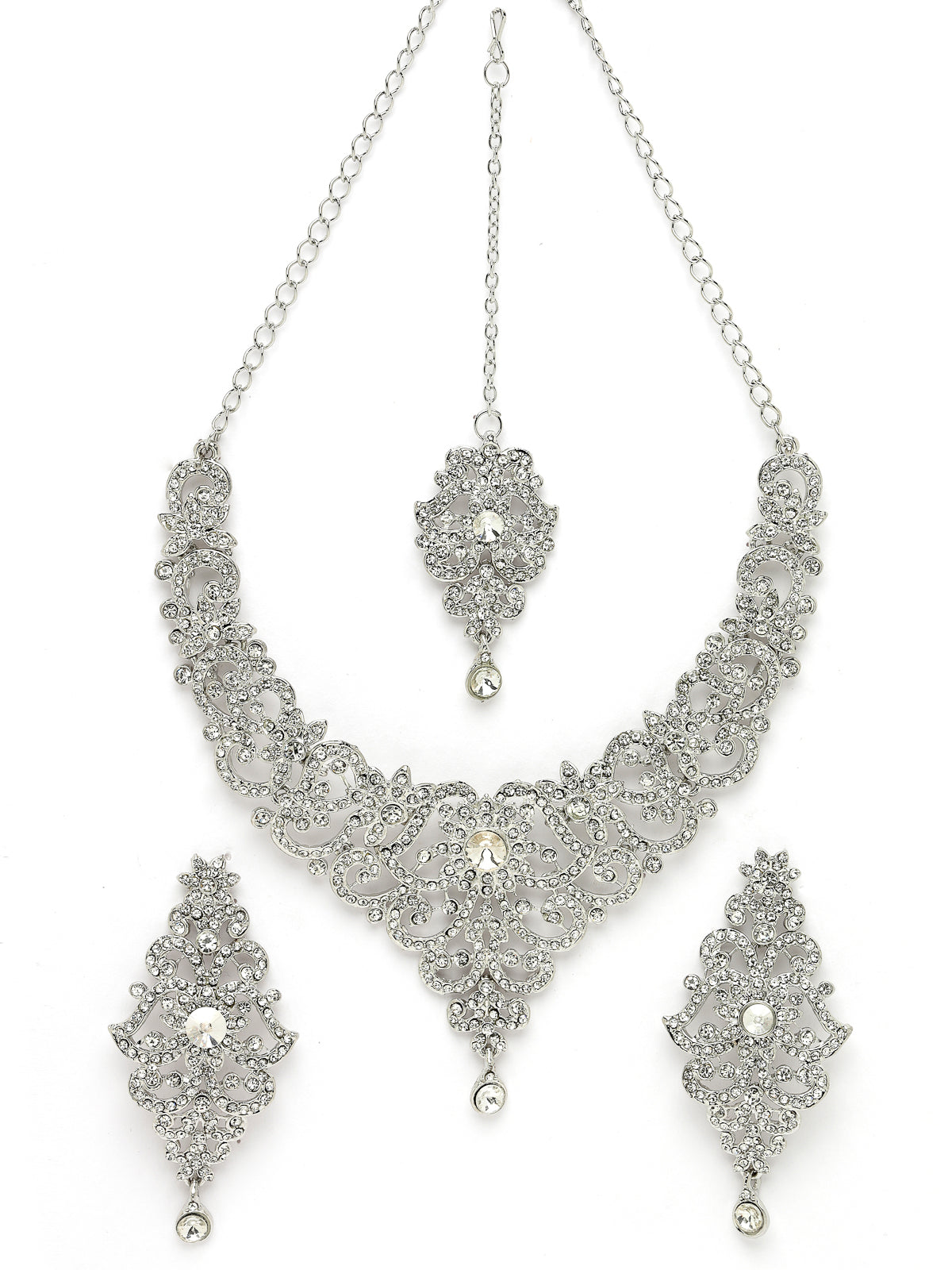 Sukkhi High-Fashion Rhodium Plated Silver AD White Stones Floral Collar Bone Necklace Set With Earring And Maangtika | Jewellery Set For Women (NS105612)