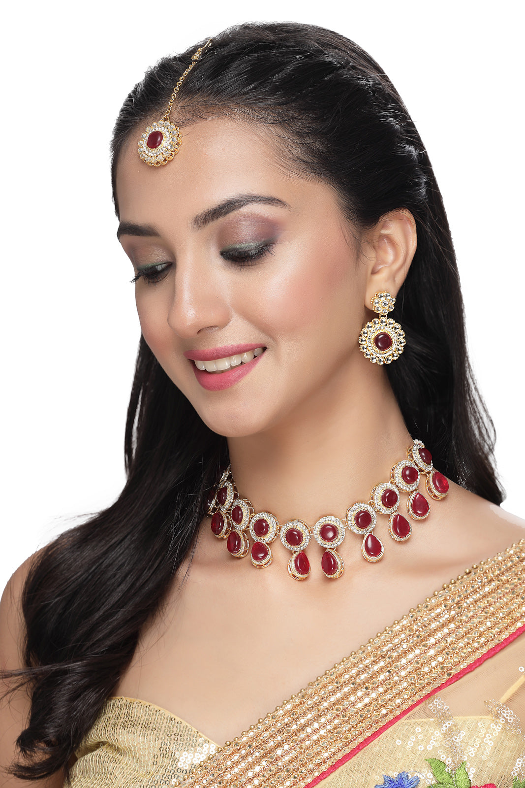 Sukkhi Bewitching Drop Shaped Rani Pink AD Rani Pink Stones & Beads Collar Bone Necklace Set With Earring And Maangtika | Jewellery Set For Women (NS105613)