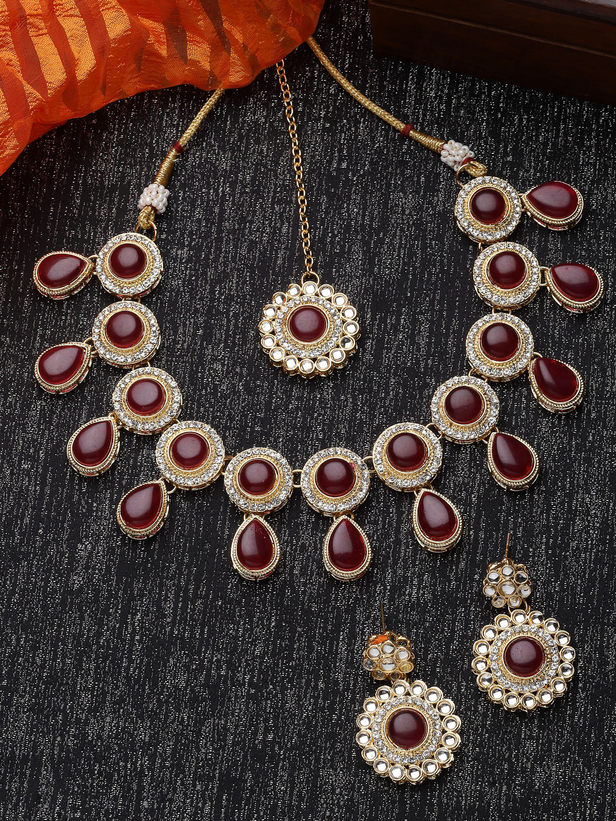 Sukkhi Bewitching Drop Shaped Rani Pink AD Rani Pink Stones & Beads Collar Bone Necklace Set With Earring And Maangtika | Jewellery Set For Women (NS105613)