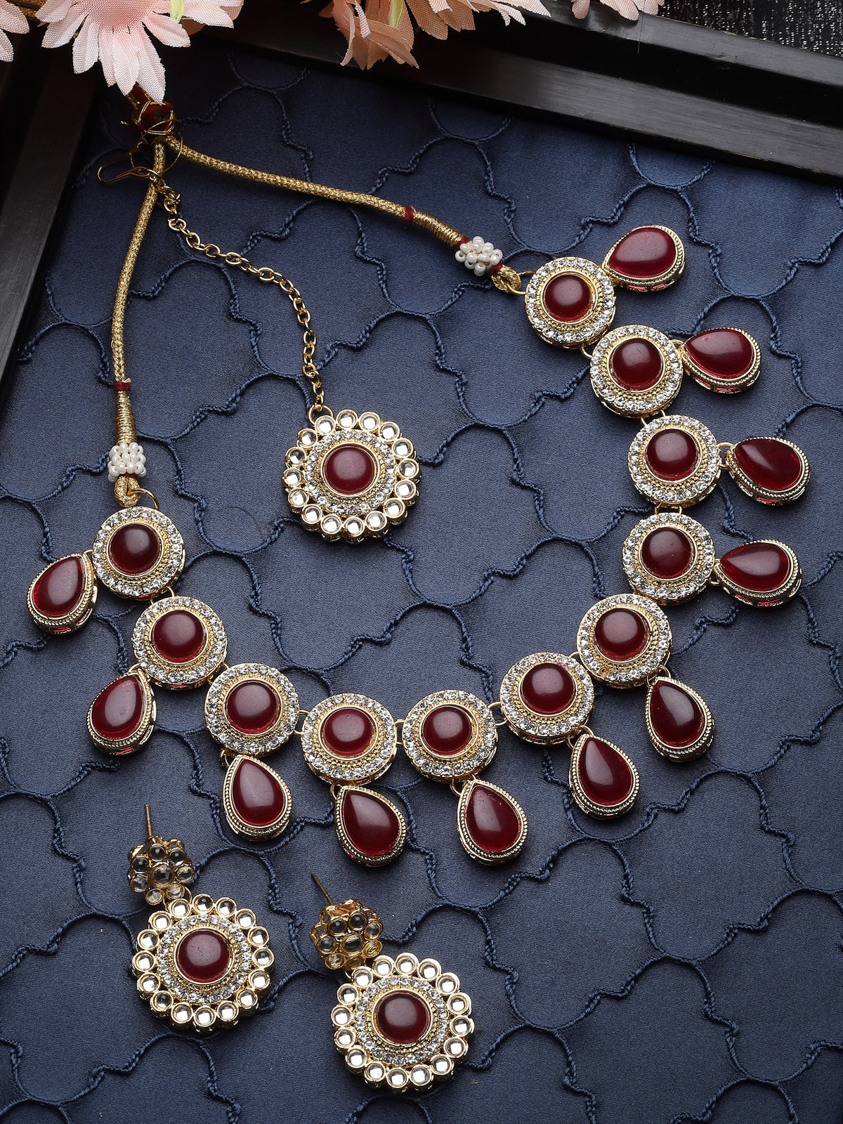 Sukkhi Bewitching Drop Shaped Rani Pink AD Rani Pink Stones & Beads Collar Bone Necklace Set With Earring And Maangtika | Jewellery Set For Women (NS105613)