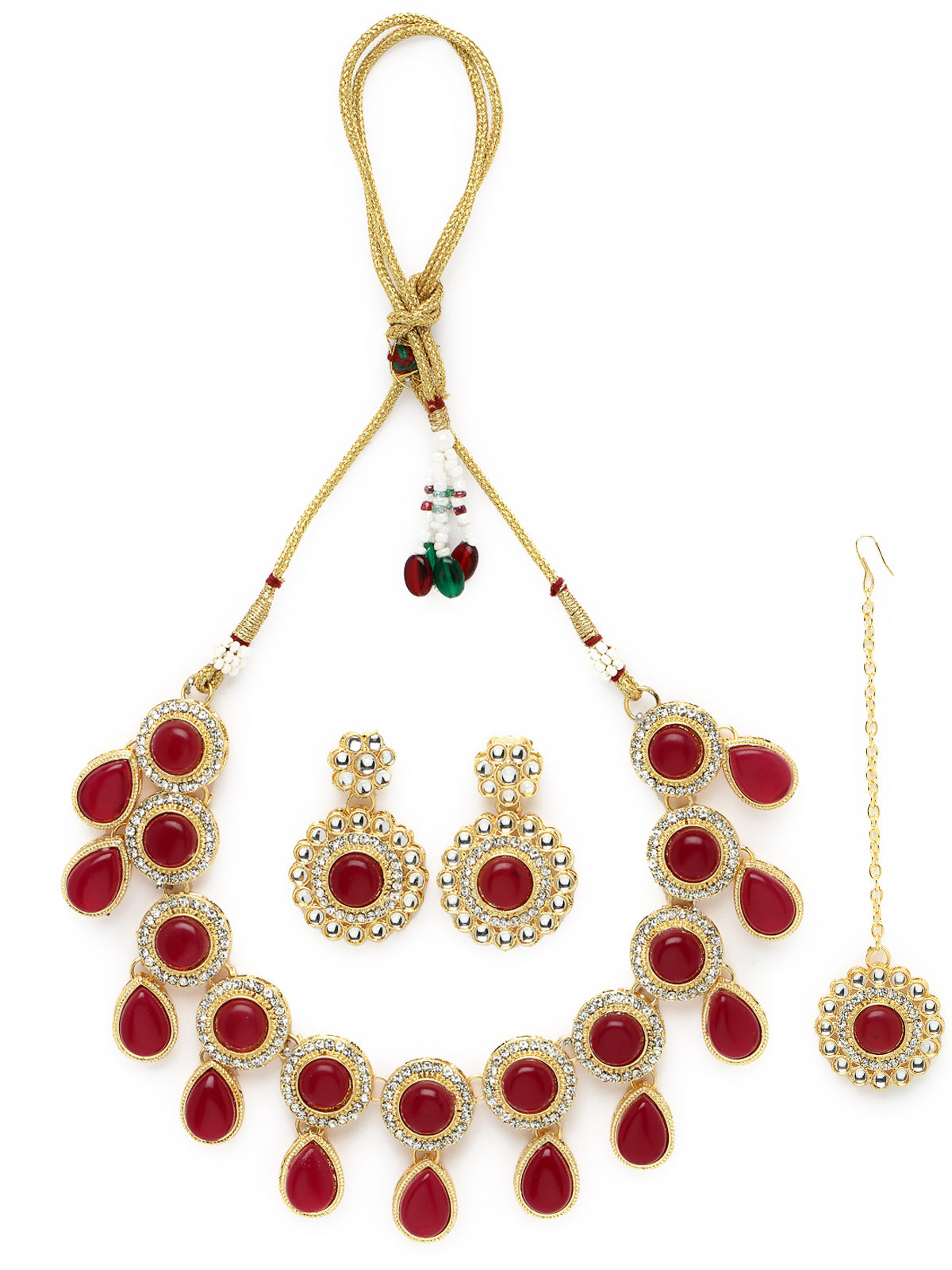 Sukkhi Bewitching Drop Shaped Rani Pink AD Rani Pink Stones & Beads Collar Bone Necklace Set With Earring And Maangtika | Jewellery Set For Women (NS105613)
