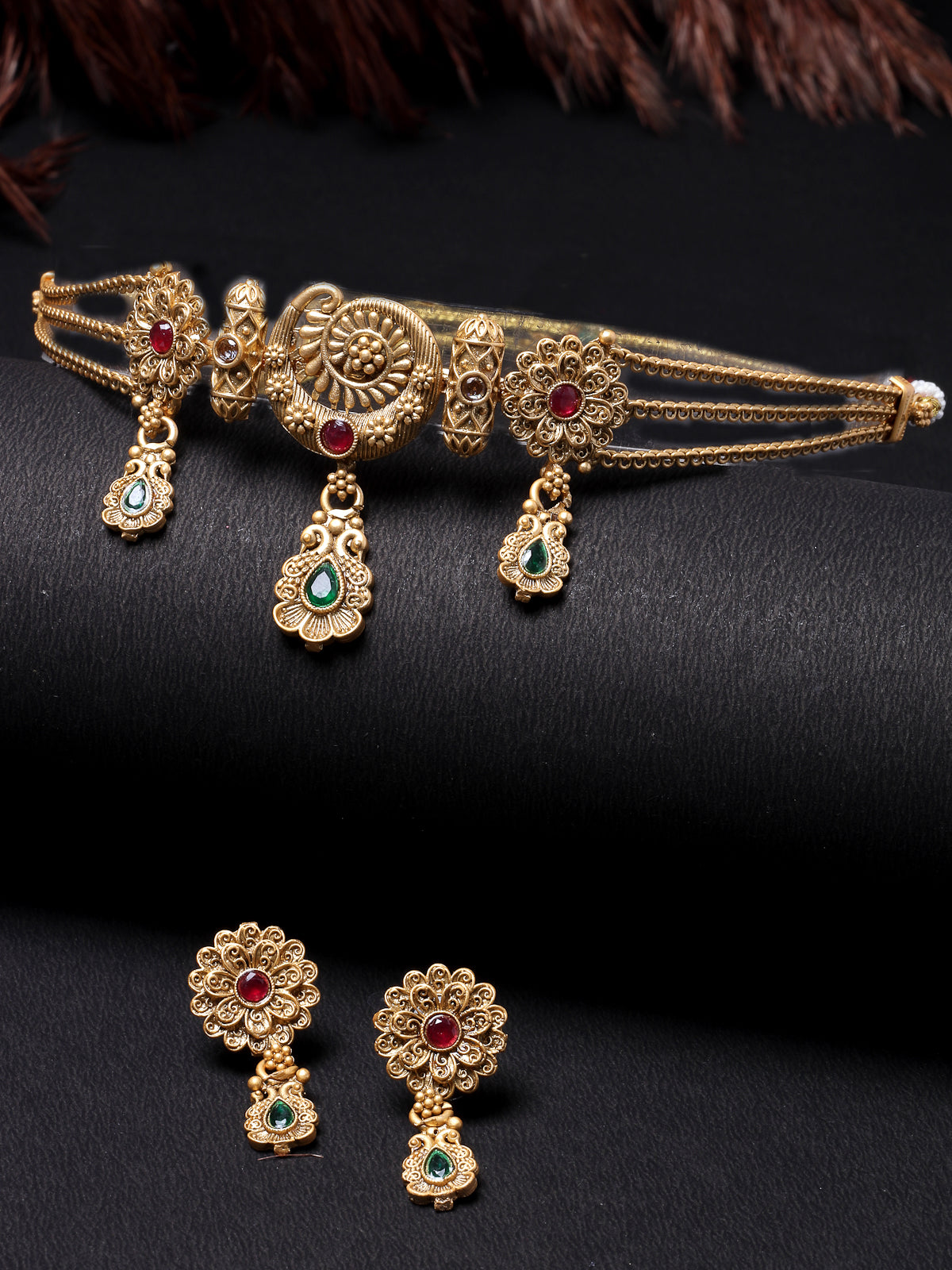 Sukkhi Arresting Gold Plated Gold Beads Copper Choker Necklace Set With Studs Earring | Jewellery Set For Women (NS105615)