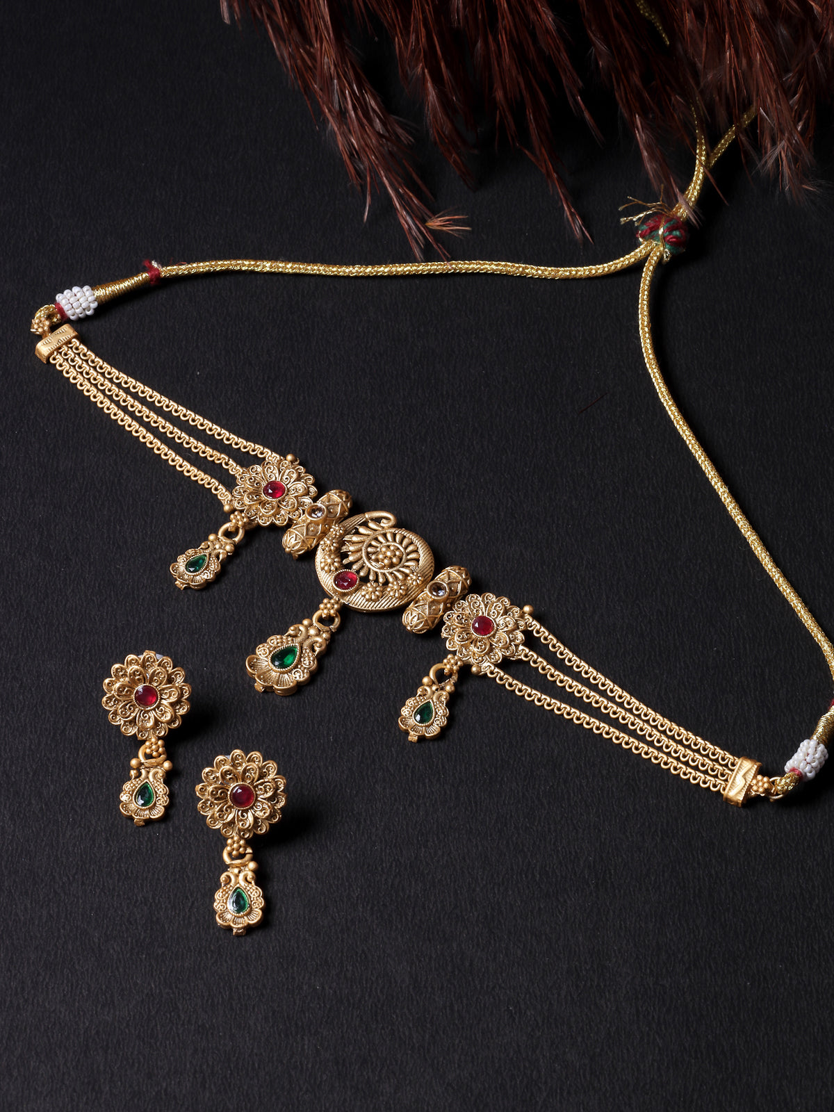 Sukkhi Arresting Gold Plated Gold Beads Copper Choker Necklace Set With Studs Earring | Jewellery Set For Women (NS105615)