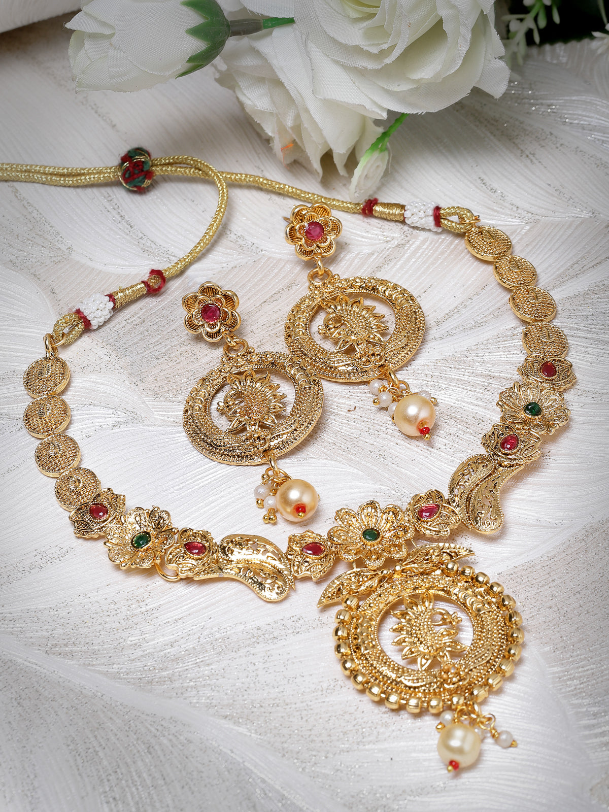 Sukkhi Aesthetic Gold Plated Copper Beads Collar Bone Necklace Set And Earring | Jewellery Set For Women (NS105617)