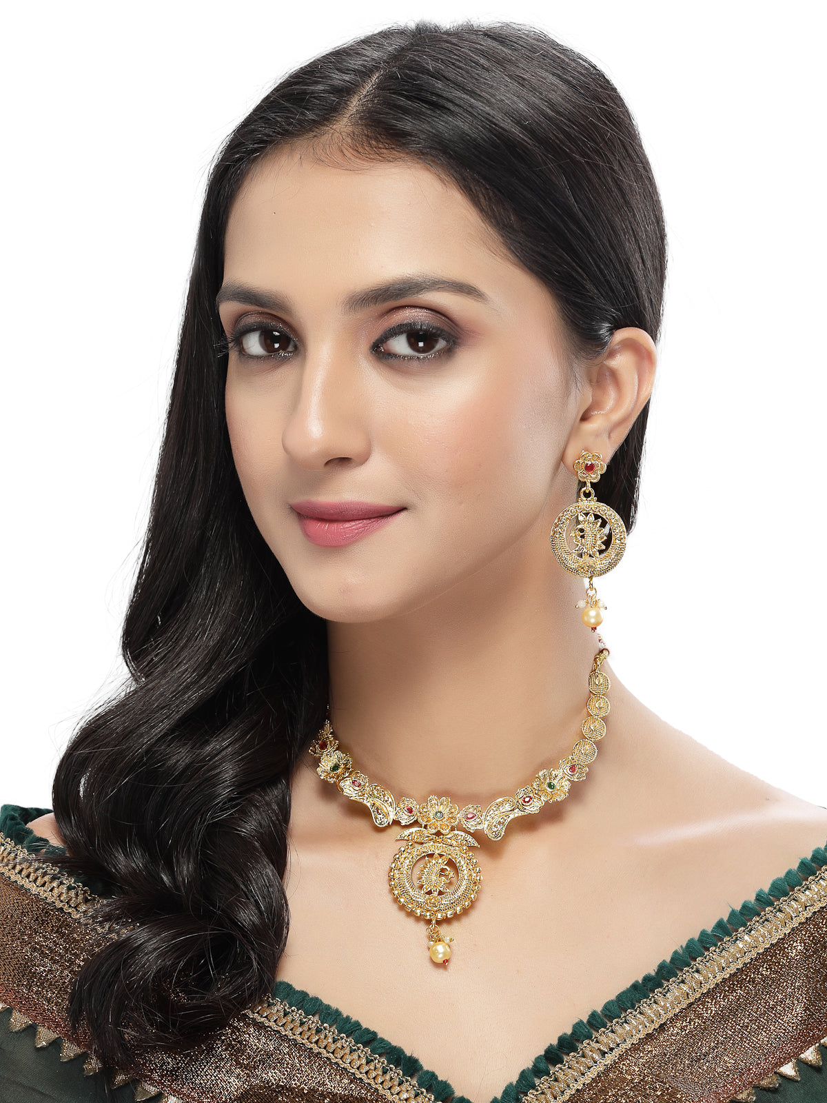 Sukkhi Aesthetic Gold Plated Copper Beads Collar Bone Necklace Set And Earring | Jewellery Set For Women (NS105617)