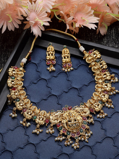 Sukkhi Traditional Gold Plated Copper Temple Collar Bone Necklace Set And Earring | Jewellery Set For Women (NS105618)