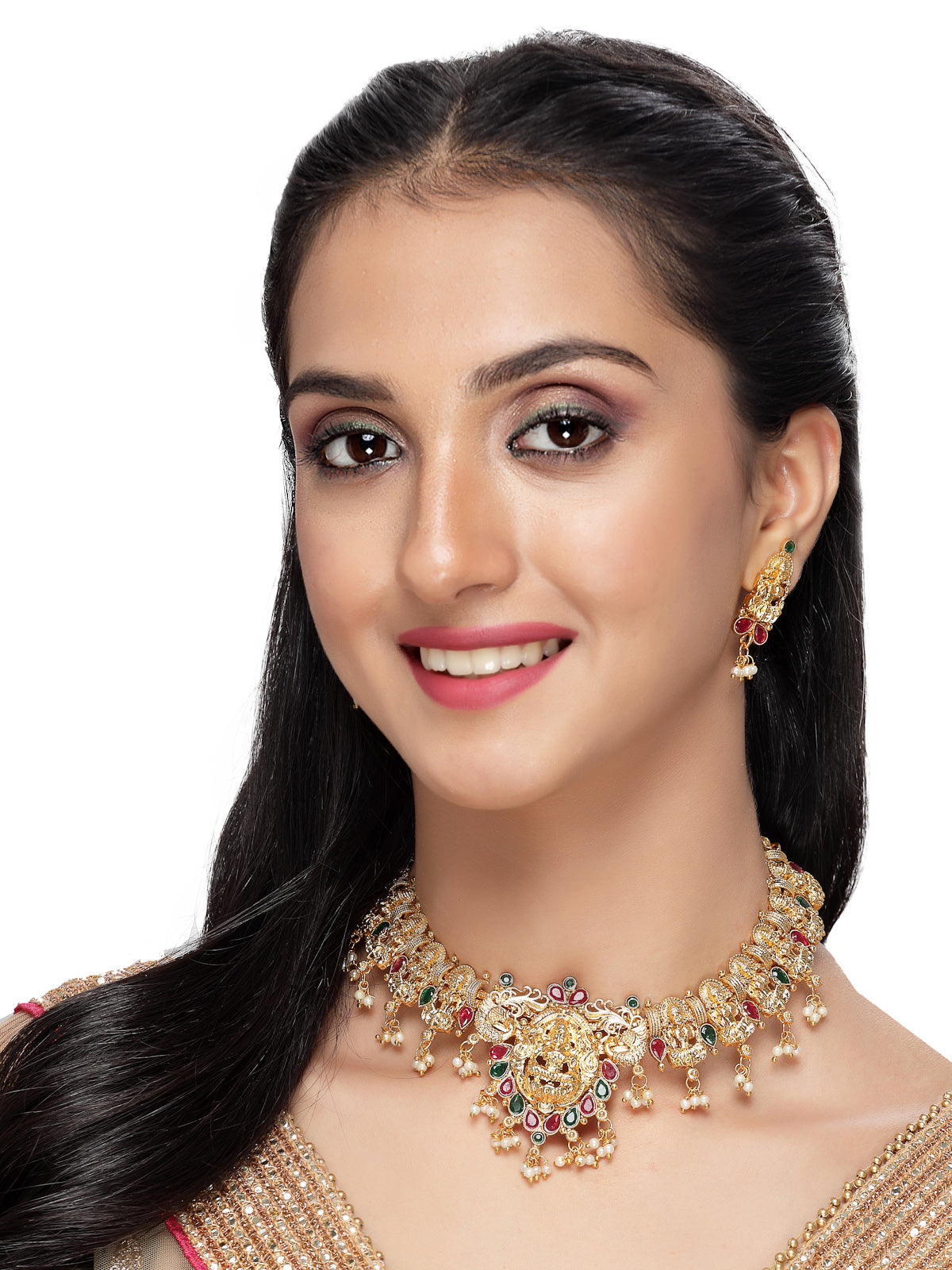Sukkhi Traditional Gold Plated Copper Temple Collar Bone Necklace Set And Earring | Jewellery Set For Women (NS105618)