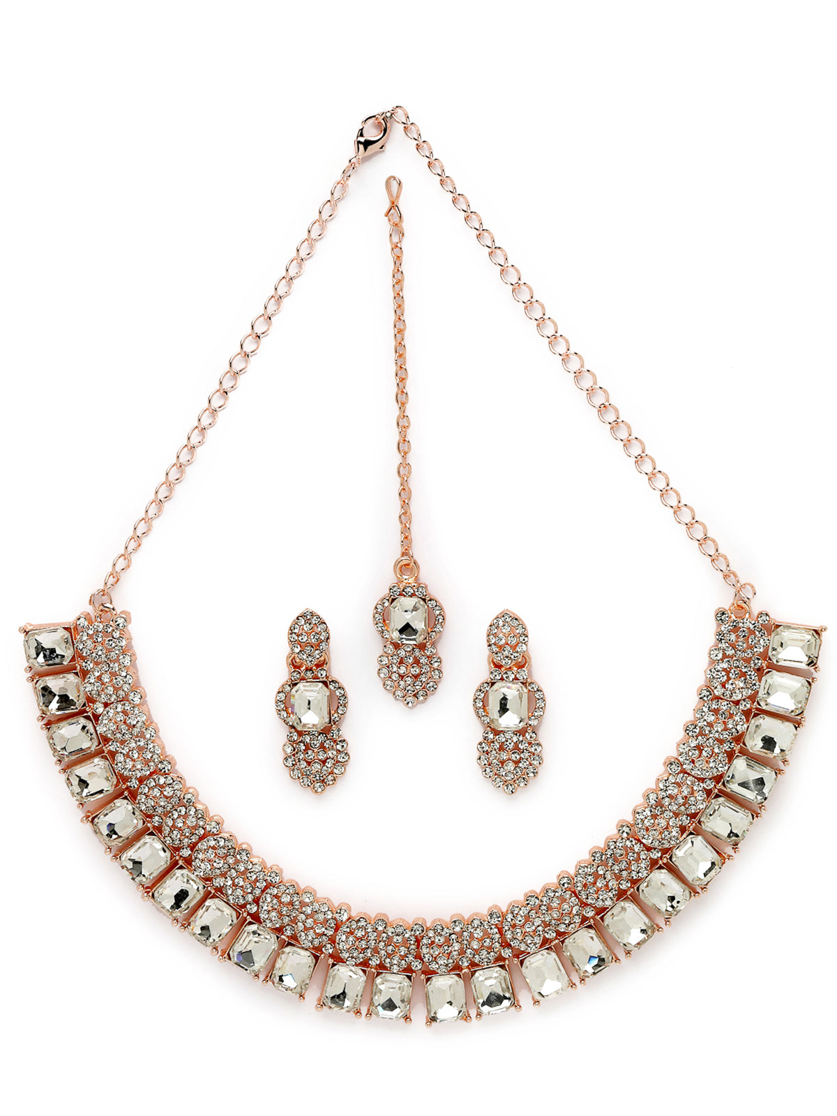 Sukkhi Tasteful Rose Gold AD White Stones Collar Bone Necklace Set With Earring And Maangtika | Jewellery Set For Women (NS105619)