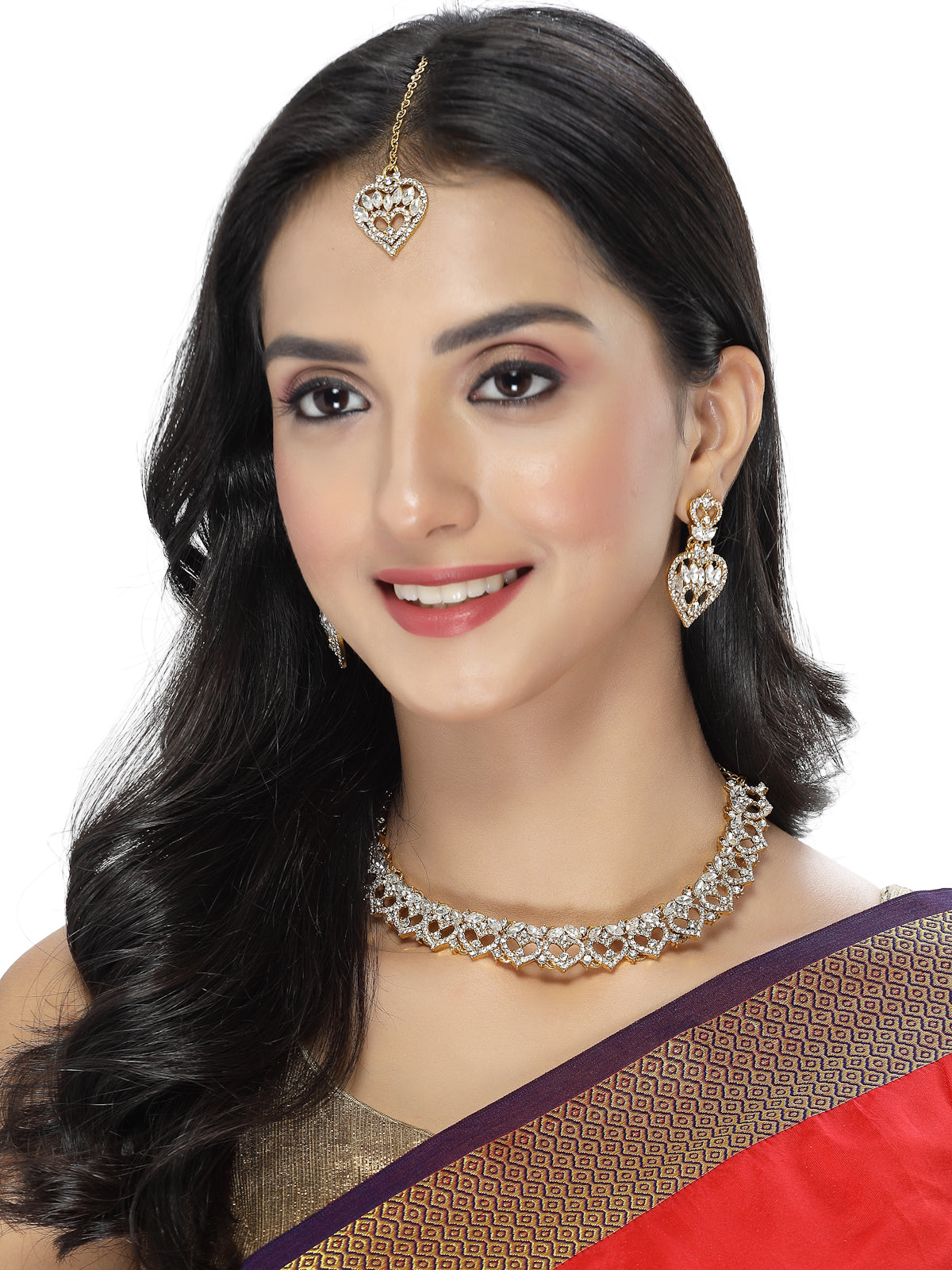 Sukkhi Wonderful Gold Plated AD White Stone Collar Bone Necklace Set With Earring And Maangtika | Jewellery Set For Women (NS105620)